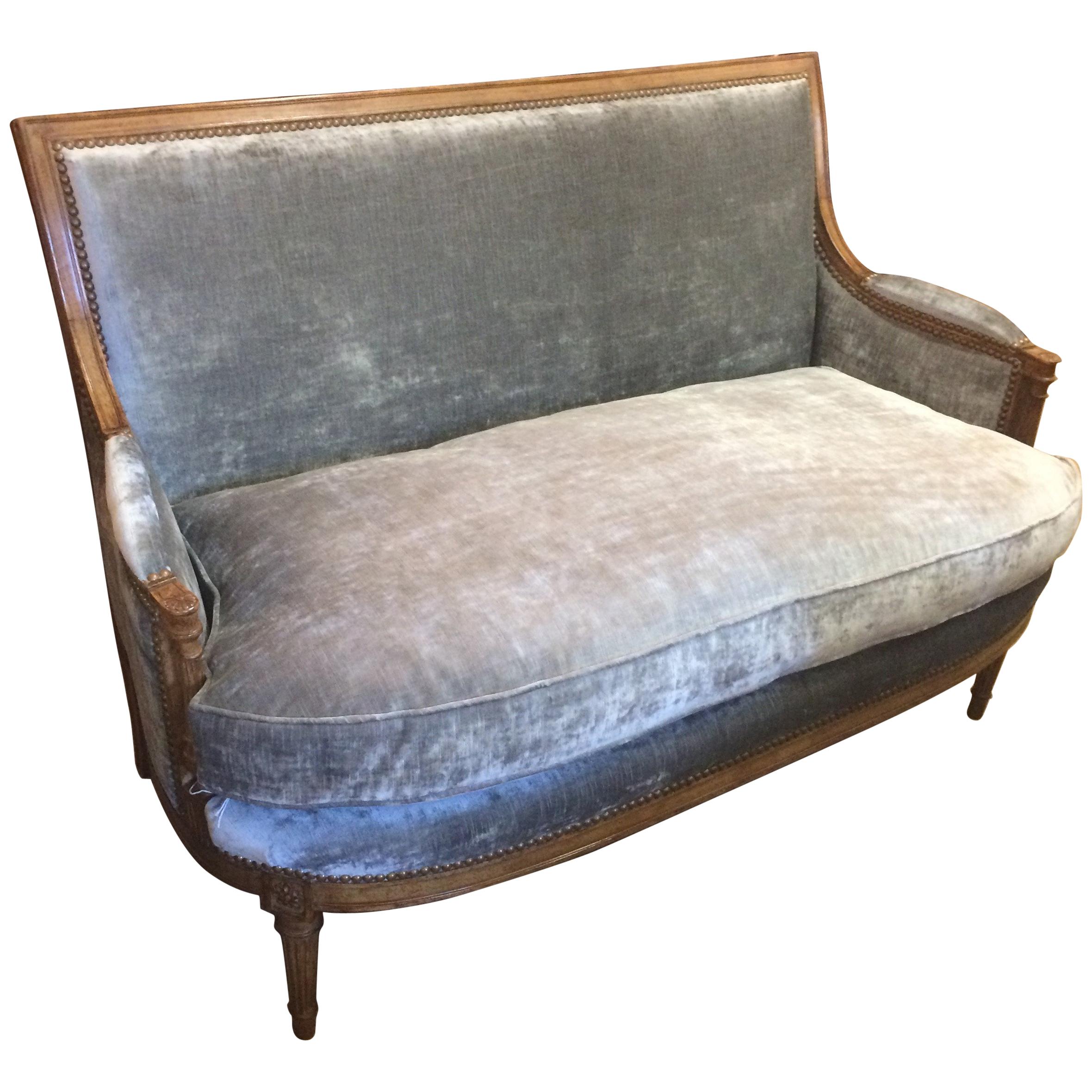 Dramatic Antique French Carved Wood and Velvet Neoclassical Loveseat Settee