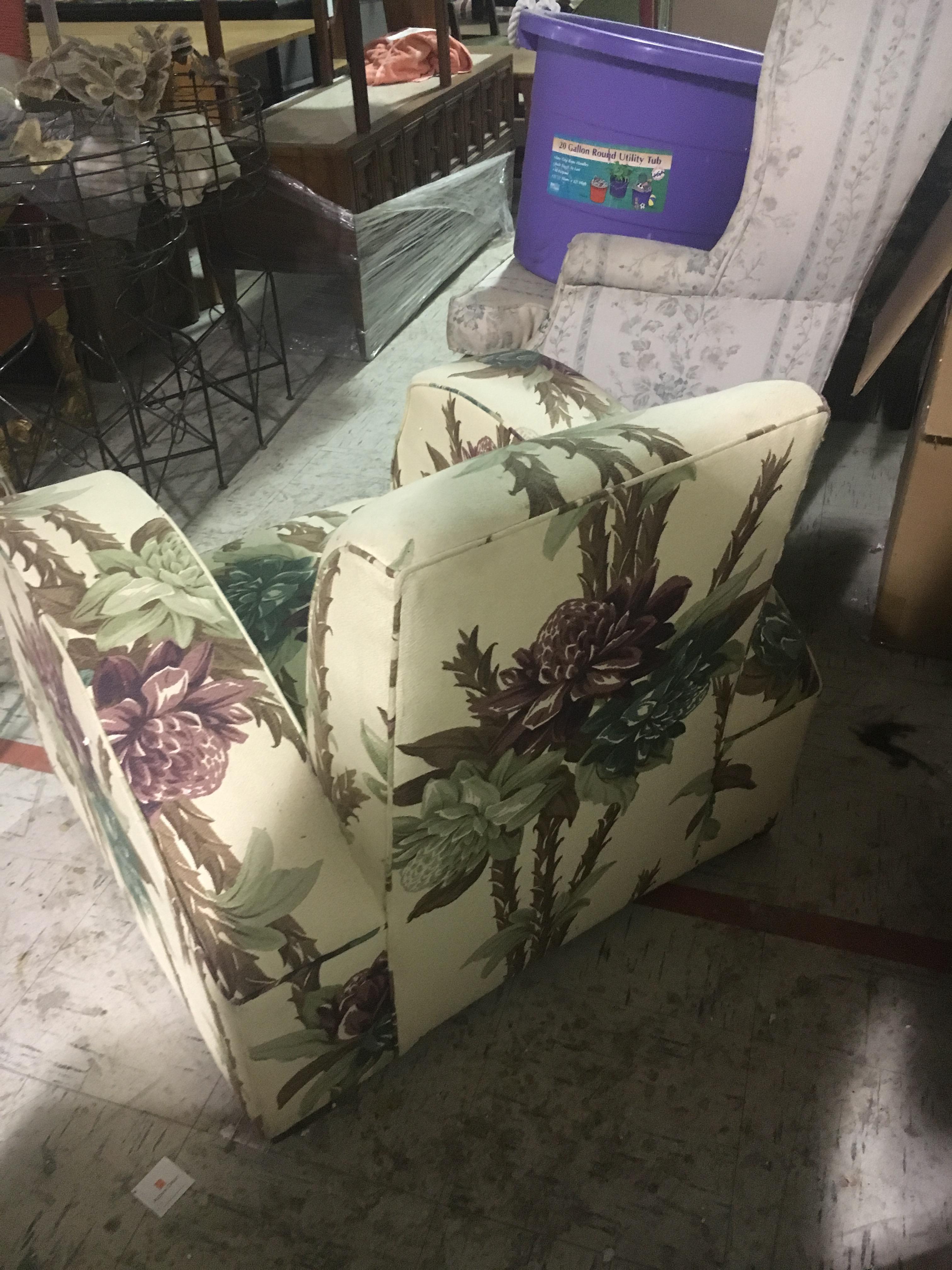 French Dramatic Art Deco Club Chair Reupholstered in Floral Barkcloth For Sale