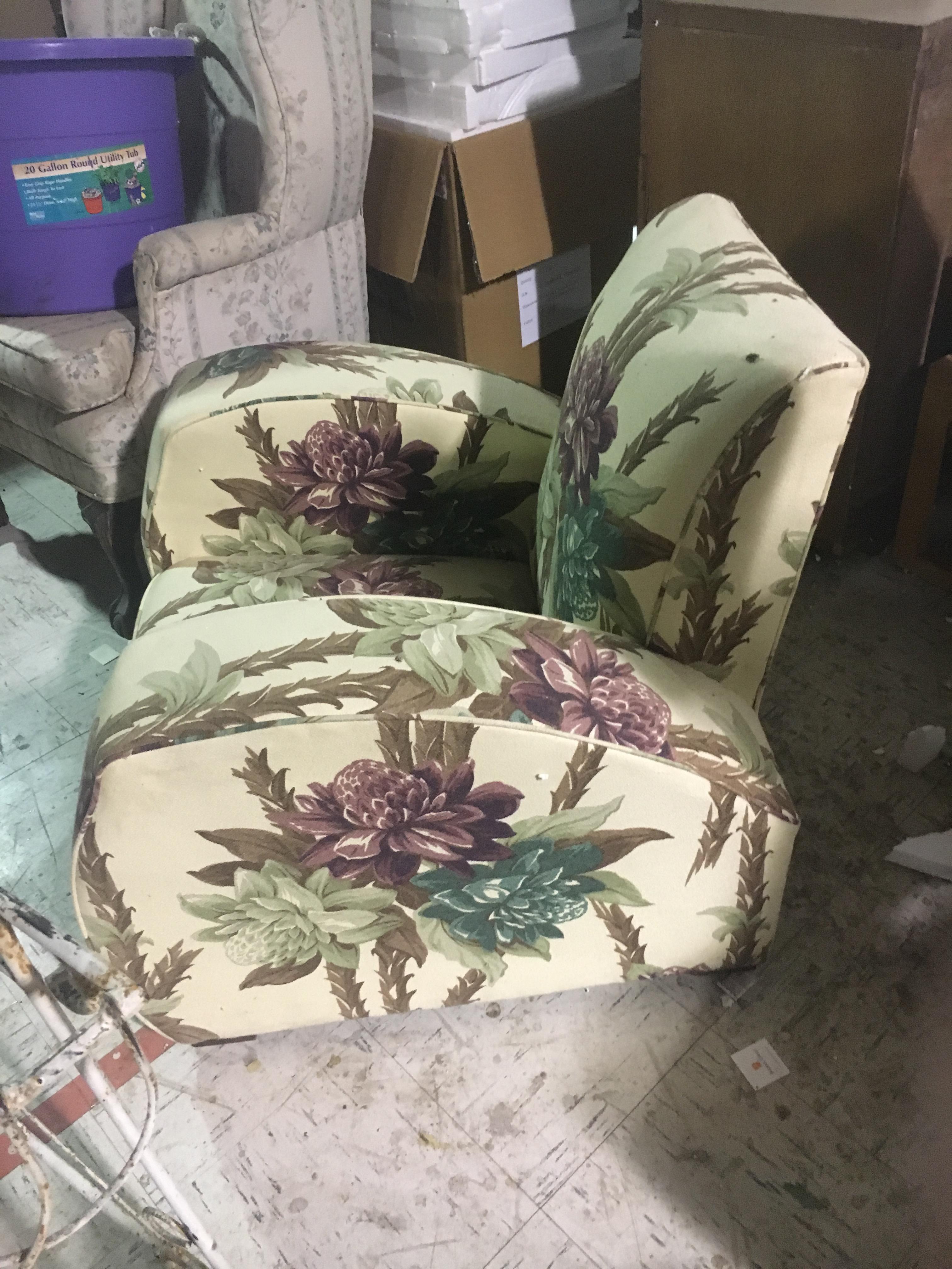 Dramatic Art Deco Club Chair Reupholstered in Floral Barkcloth In Excellent Condition For Sale In Buchanan, MI
