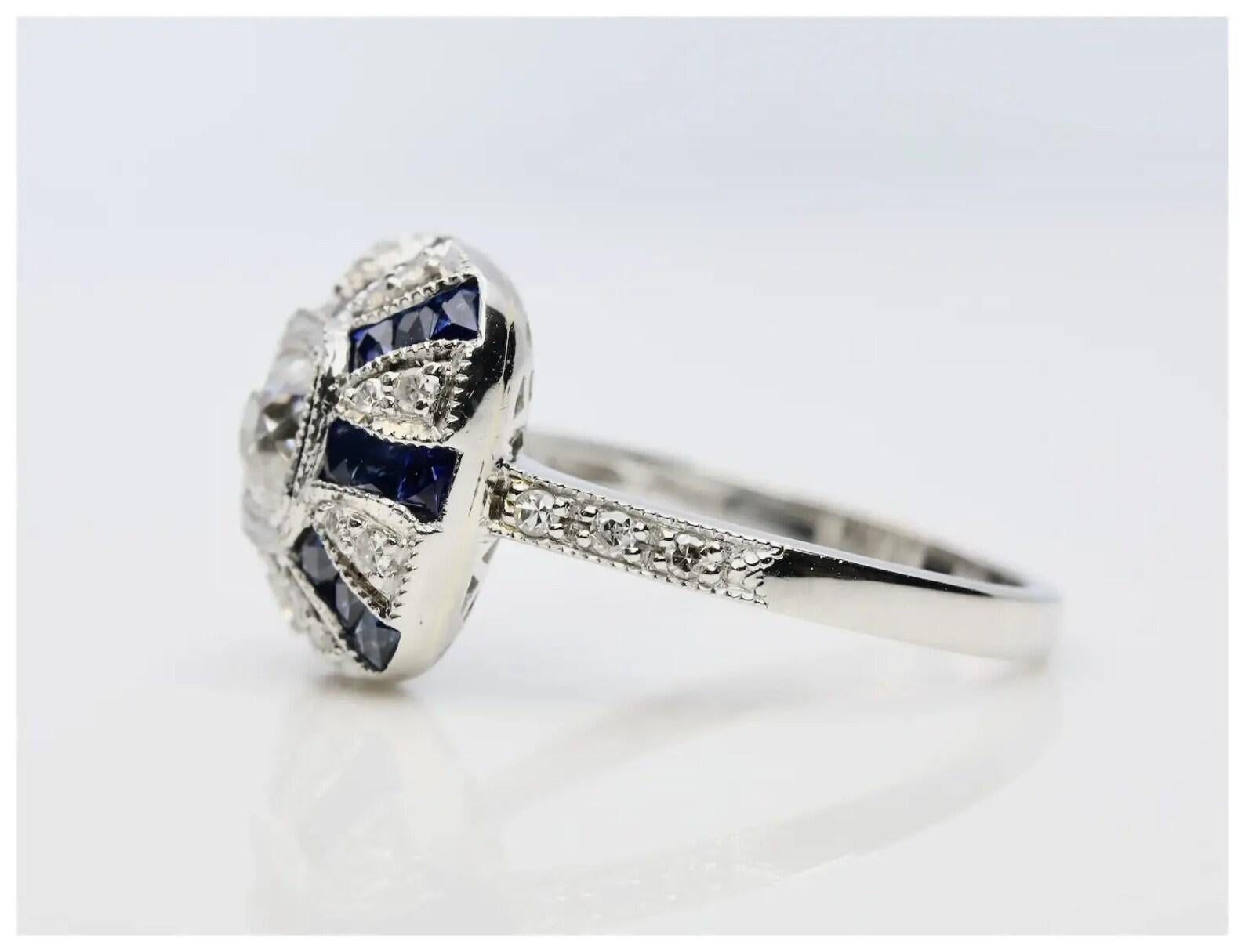 Dramatic Art Deco Diamond & French Cut Sapphire Ring in Platinum In Good Condition For Sale In Boston, MA