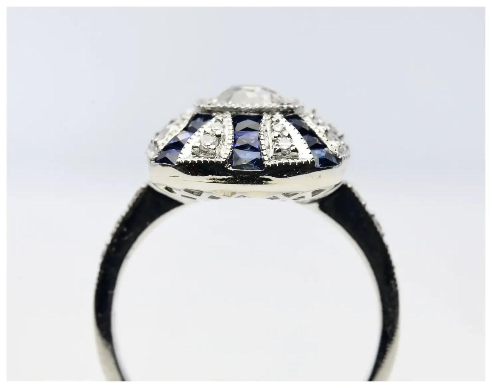 Women's Dramatic Art Deco Diamond & French Cut Sapphire Ring in Platinum For Sale
