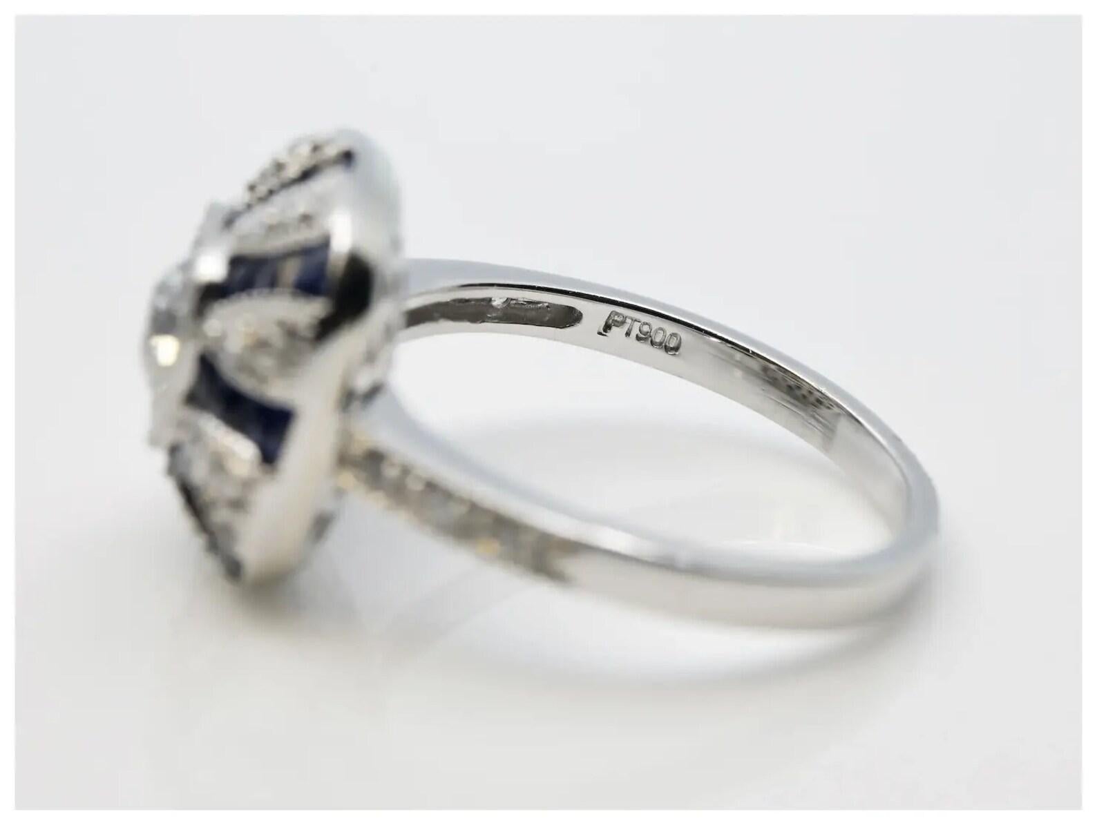 Dramatic Art Deco Diamond & French Cut Sapphire Ring in Platinum For Sale 1