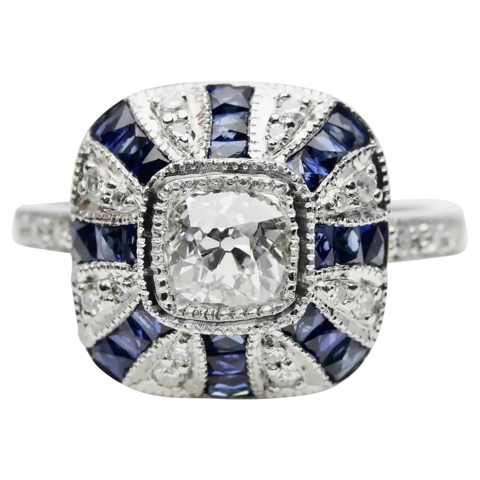Dramatic Art Deco Diamond & French Cut Sapphire Ring in Platinum For Sale