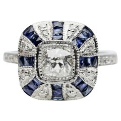 Vintage Dramatic Art Deco Diamond & French Cut Sapphire Ring in Platinum
