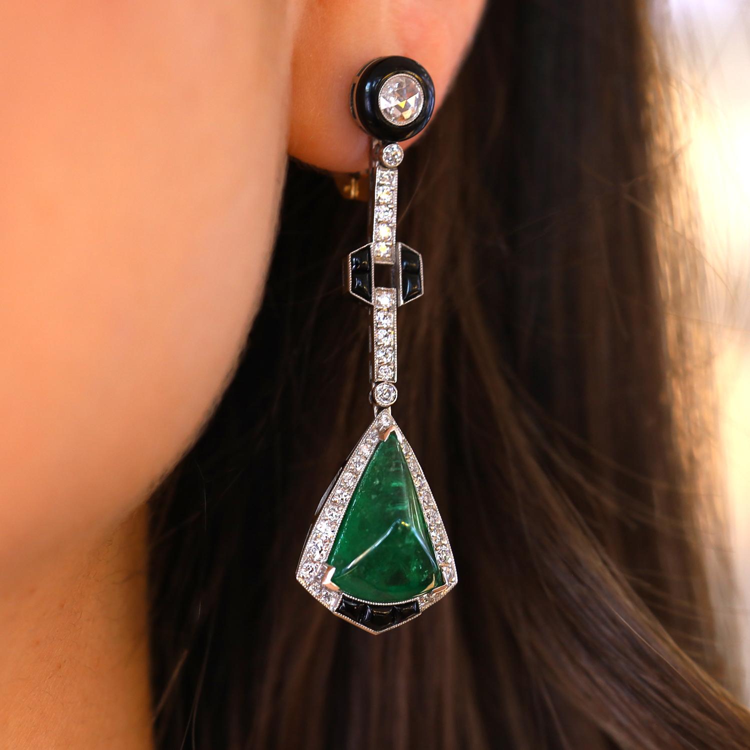 Cabochon Dramatic Art Deco Emerald Diamond & Black Onyx Dangle Earrings For Sale