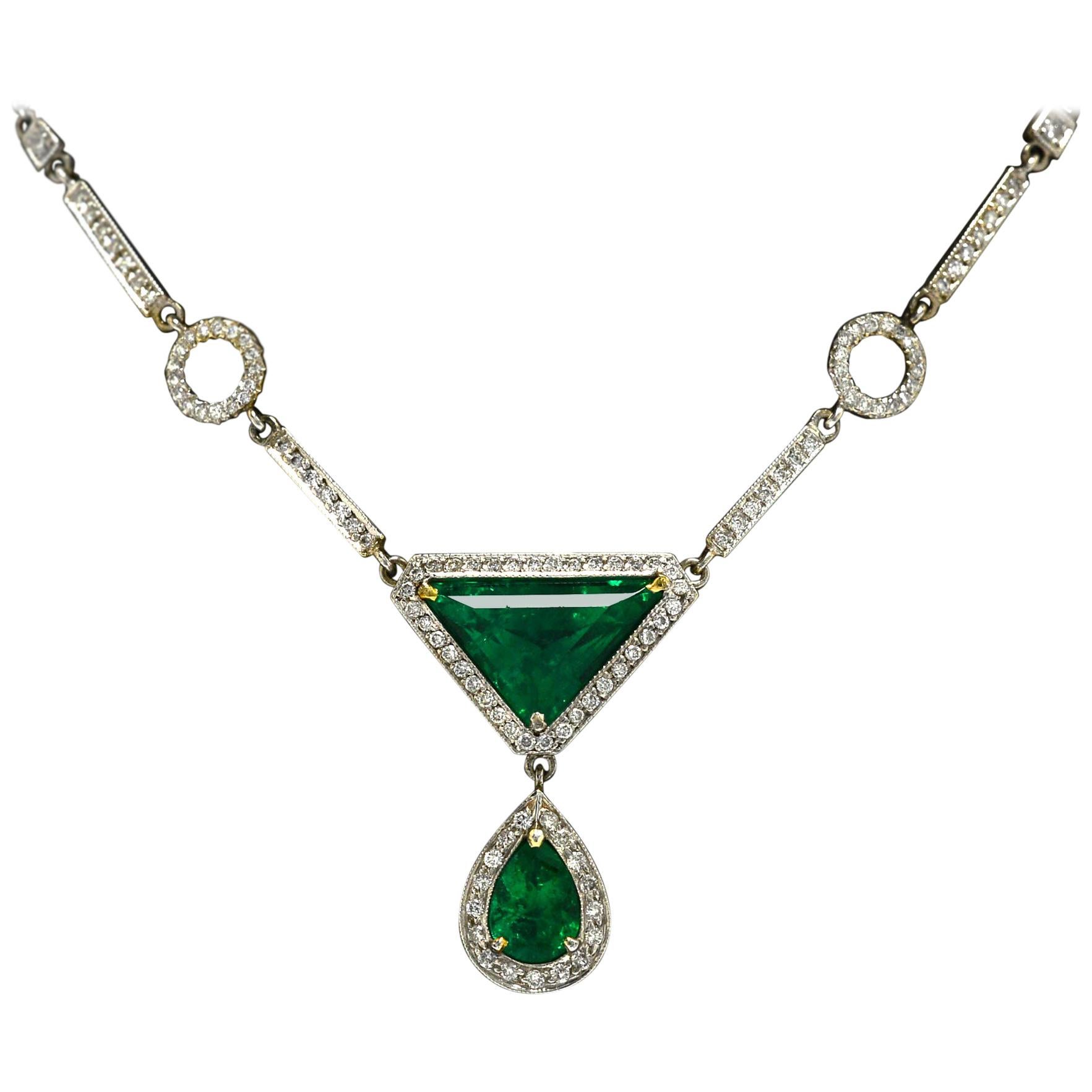 Art Deco Style Emerald Diamond White Gold Drop Necklace 5 Carat With Appraisal