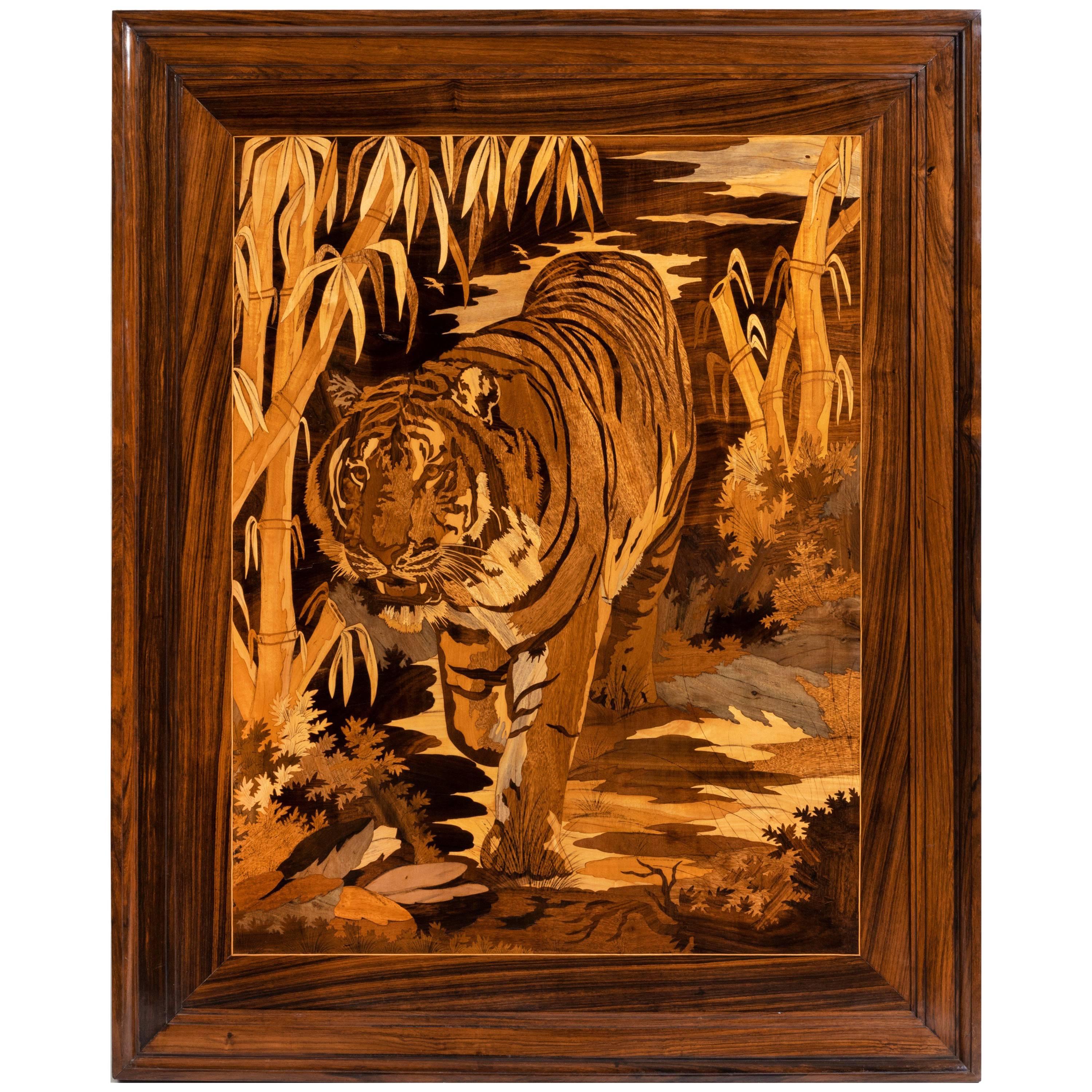 Dramatic Art Deco Period Intarsia Wood Panel of a Tiger