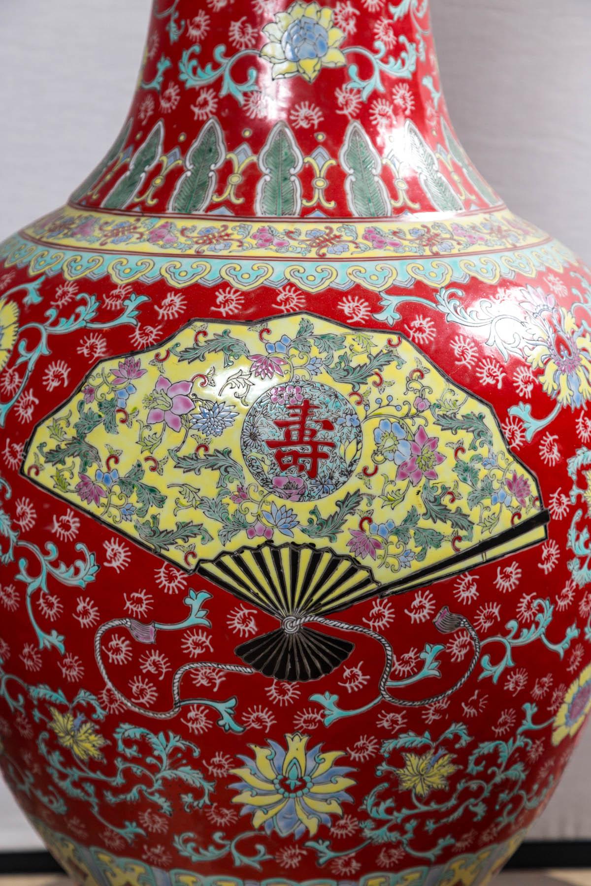 Hand-Painted Dramatic Asian Porcelain Floor Vase