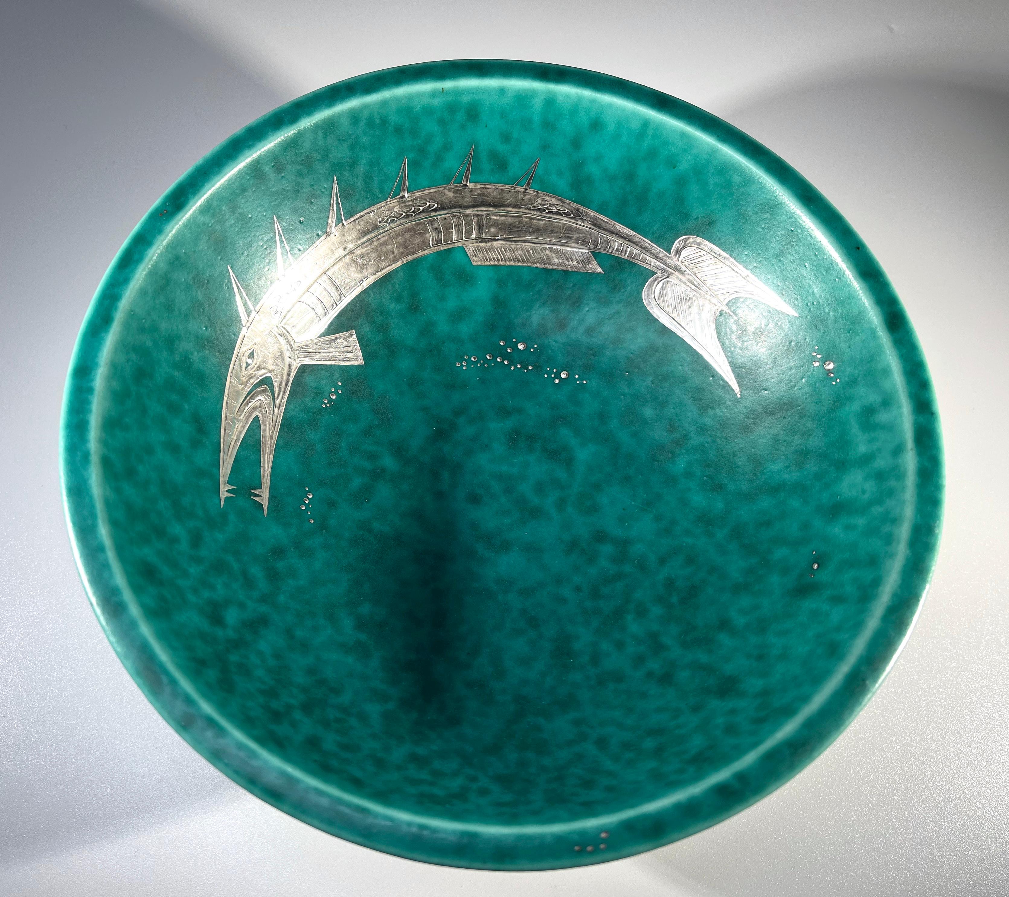 Art Deco Dramatic Barbed Fish Bowl Applied Silver, Wilhelm Kage Argenta Gustavsberg c1932 For Sale