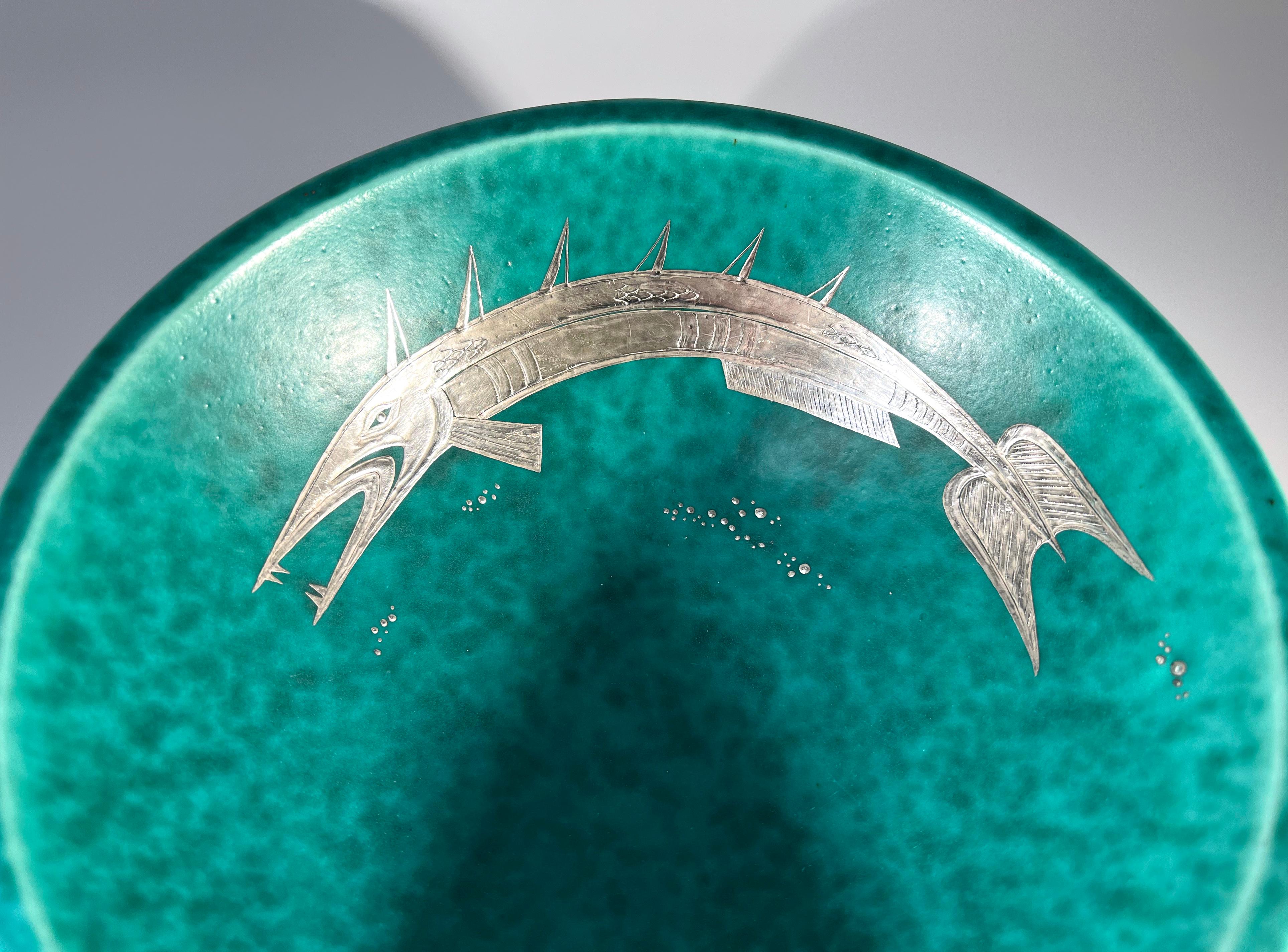 Glazed Dramatic Barbed Fish Bowl Applied Silver, Wilhelm Kage Argenta Gustavsberg c1932 For Sale