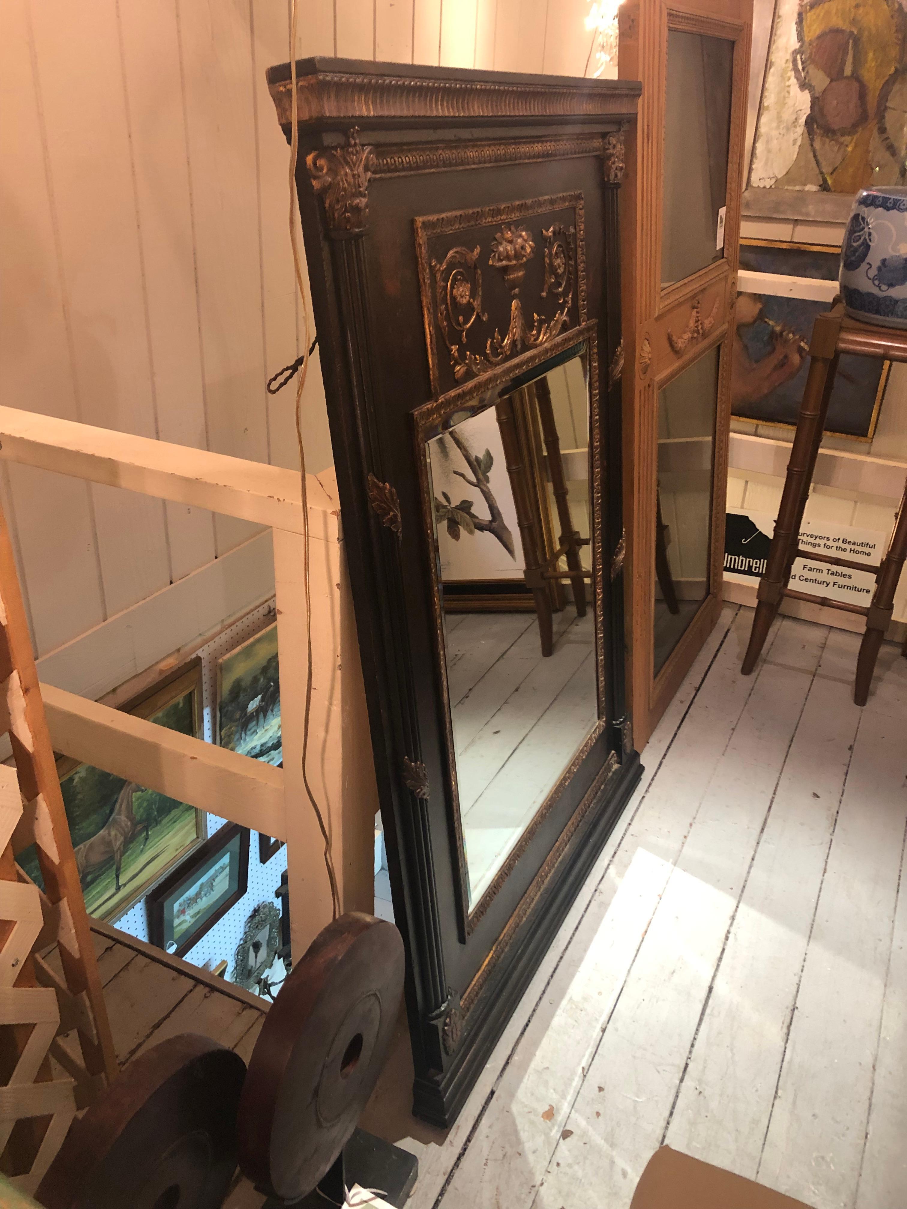 Wood Dramatic Black & Gold Neoclassical Style Trumeau Mirror For Sale