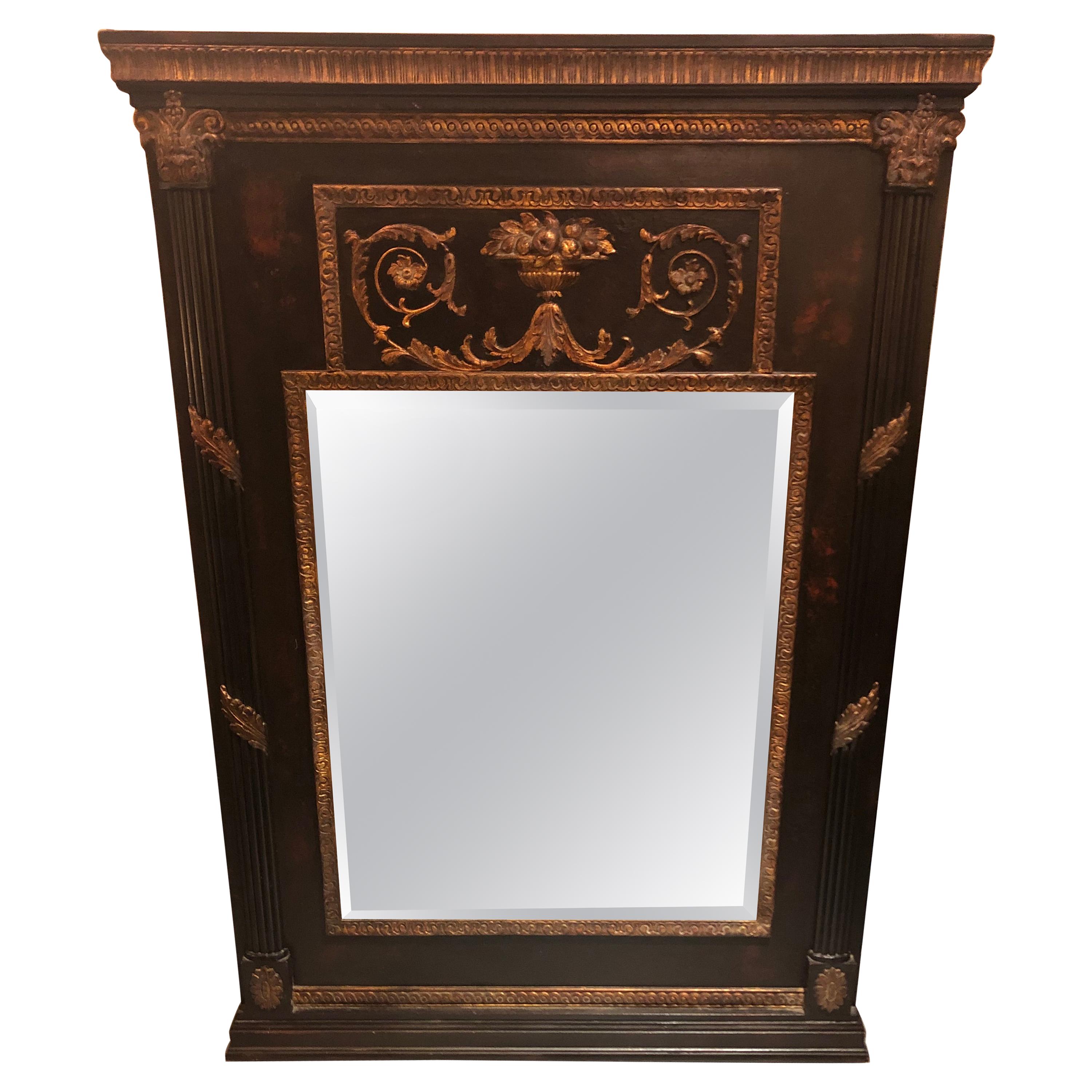 Dramatic Black & Gold Neoclassical Style Trumeau Mirror For Sale