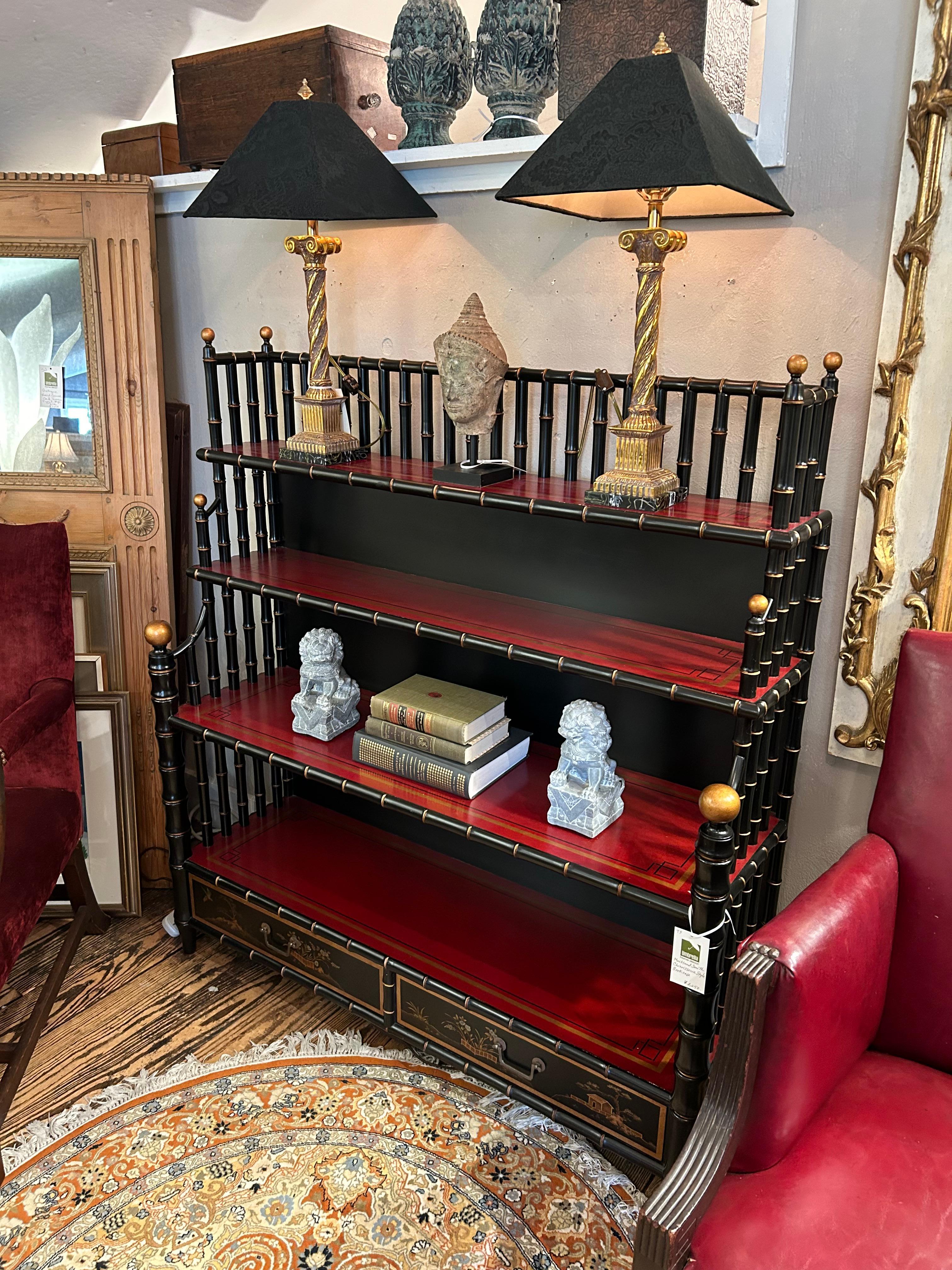 Dramatic Black Gold & Red Chinoiserie Style Maitland Smith Bookcase 5
