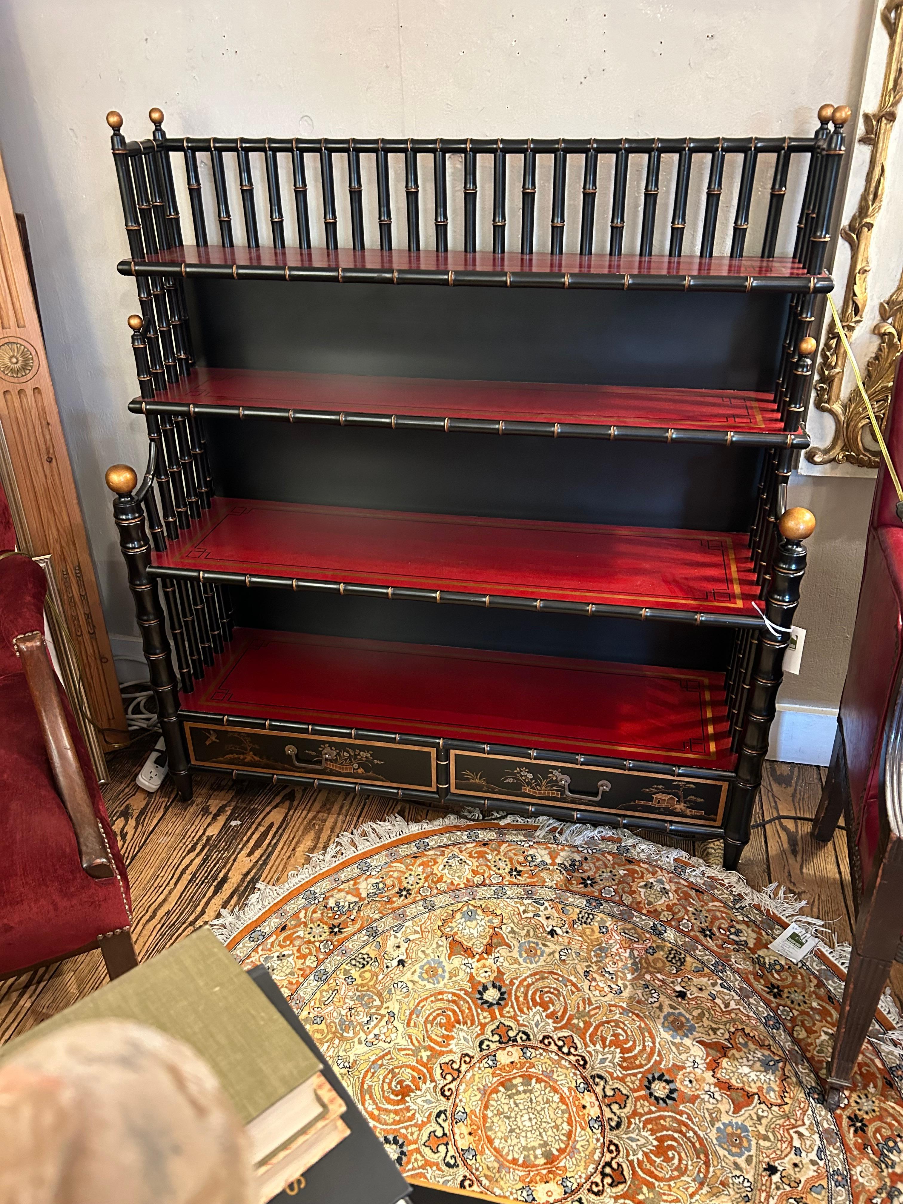 Dramatic Black Gold & Red Chinoiserie Style Maitland Smith Bookcase 6