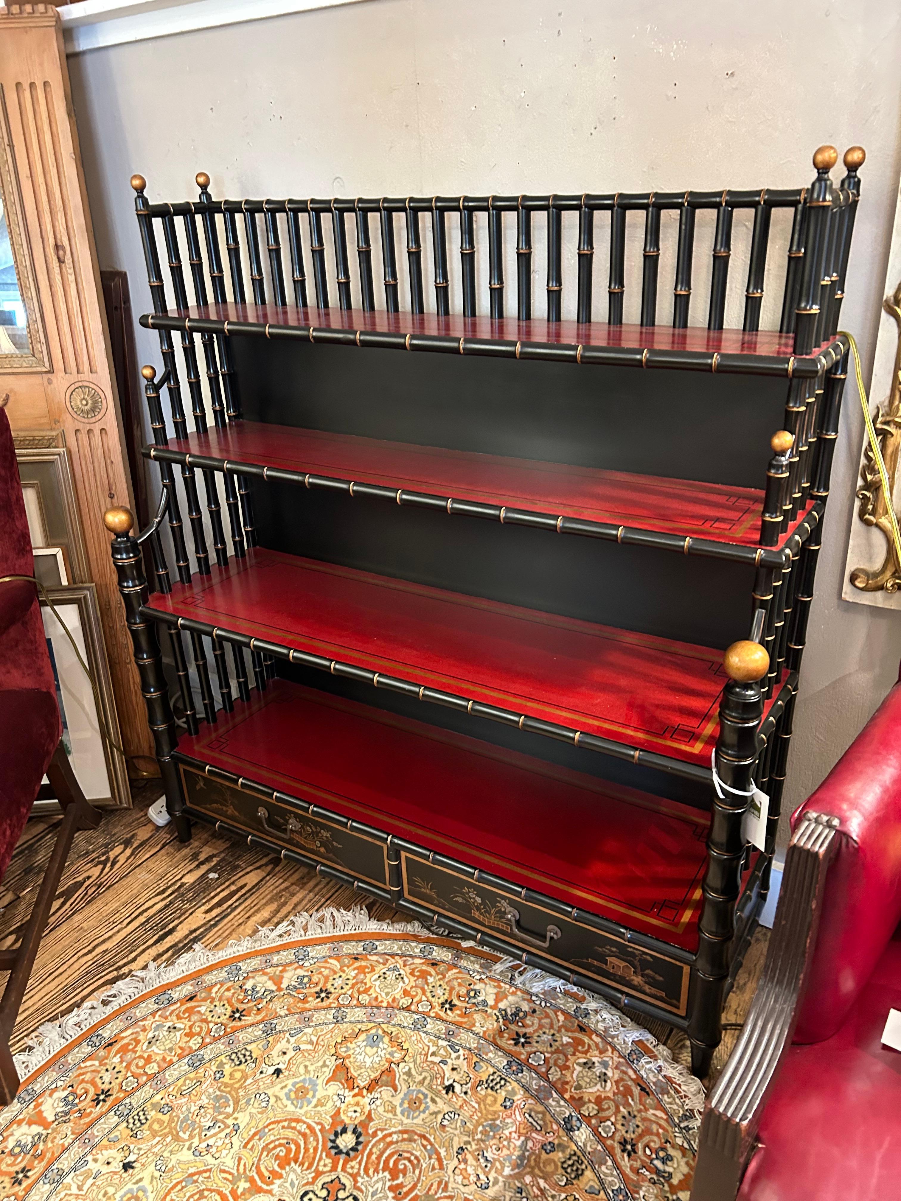 Philippine Dramatic Black Gold & Red Chinoiserie Style Maitland Smith Bookcase