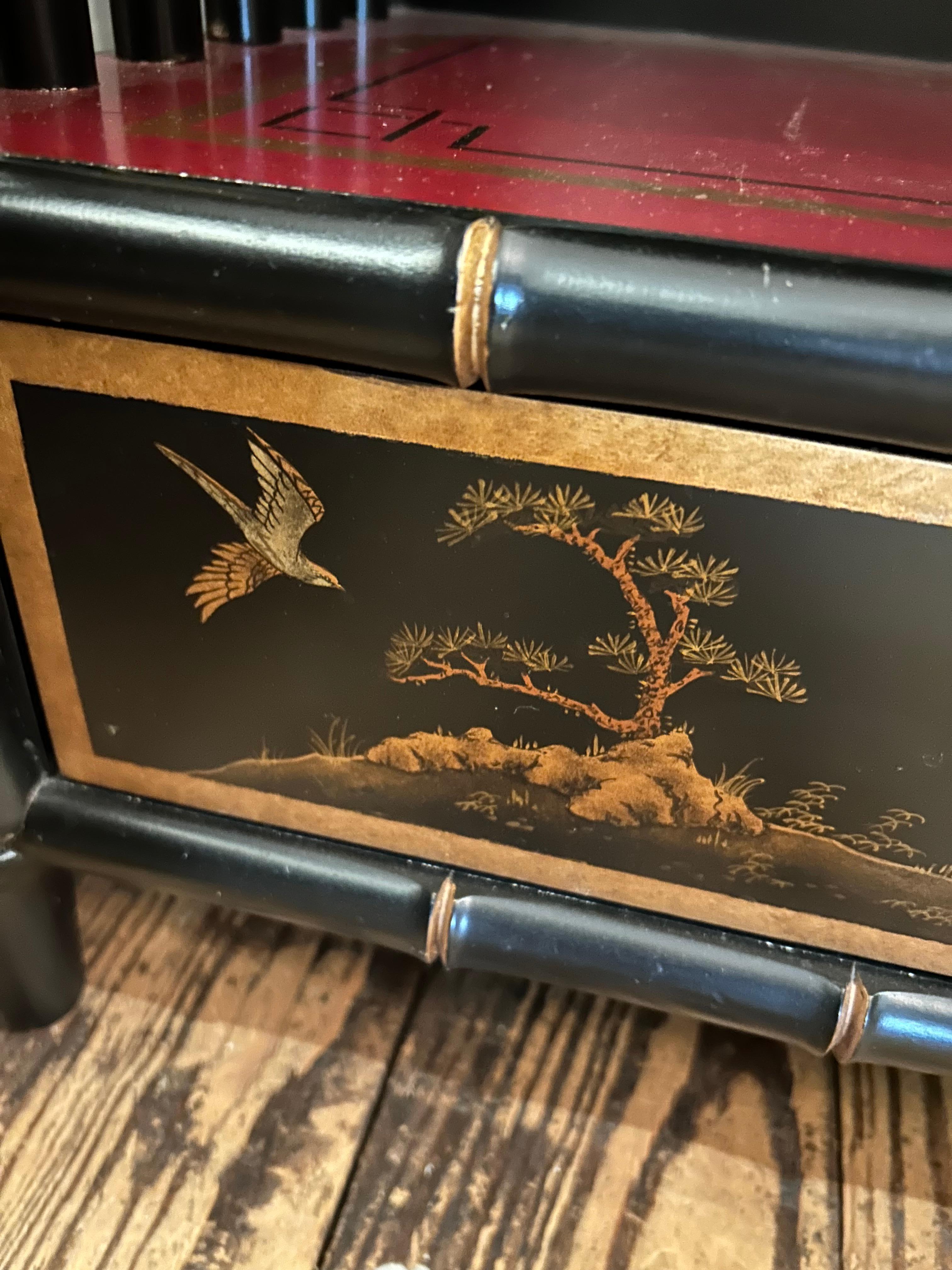 Contemporary Dramatic Black Gold & Red Chinoiserie Style Maitland Smith Bookcase