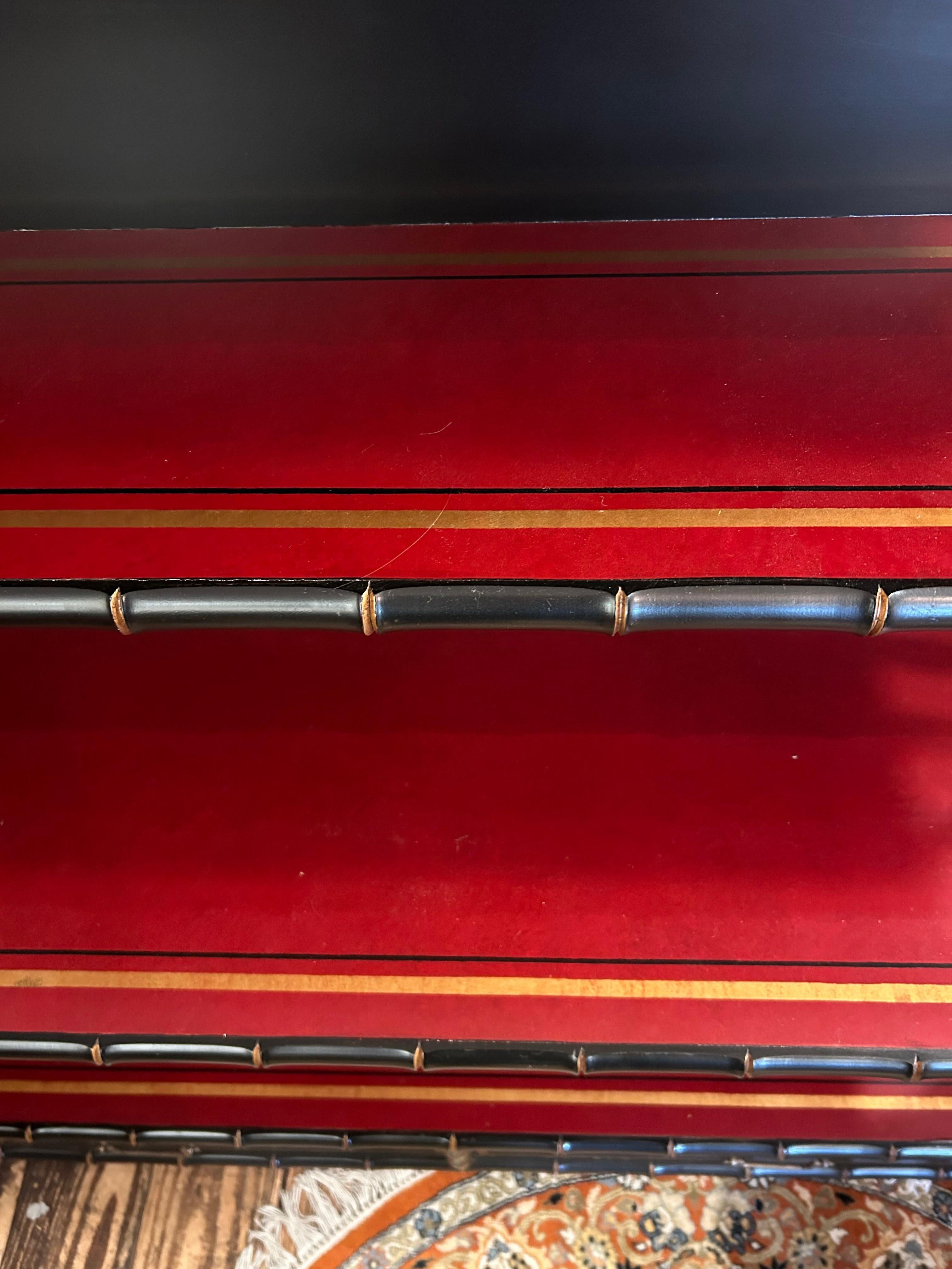 Dramatic Black Gold & Red Chinoiserie Style Maitland Smith Bookcase 2