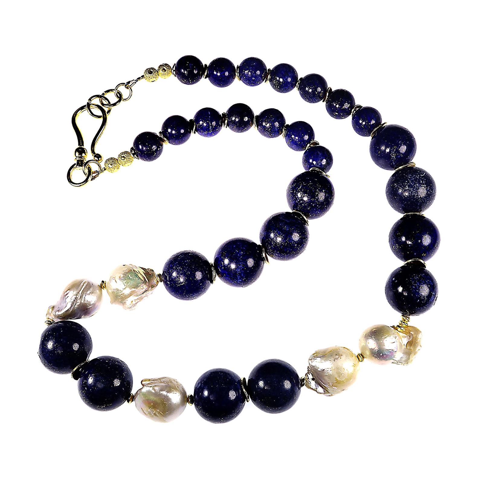 AJD 24 Inch Dramatic Blue Lapis Lazuli and White Baroque Pearl Necklace