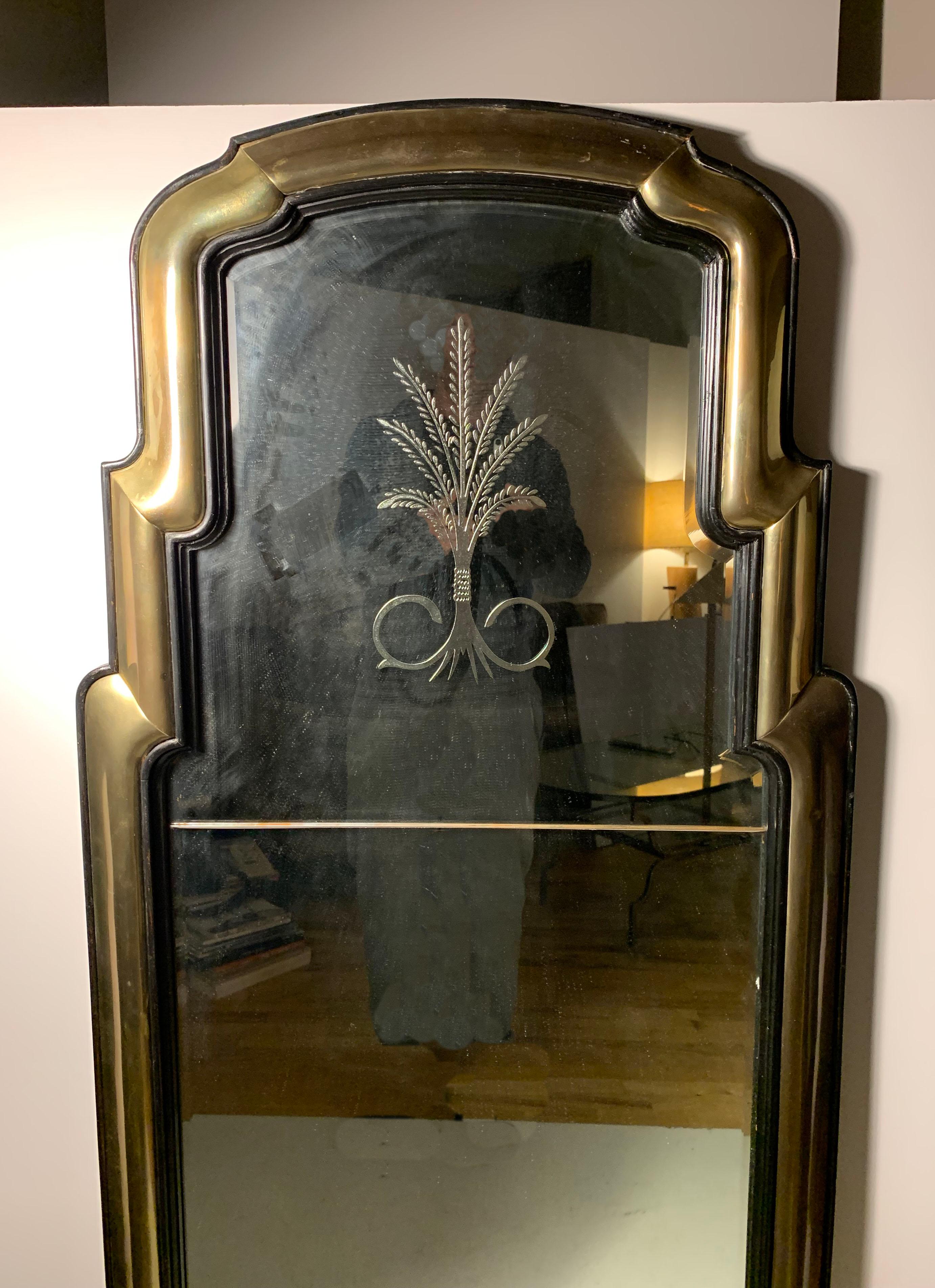 Hollywood Regency Dramatic Brass and Wood Waterfall Mirror with Etched Plume Design For Sale