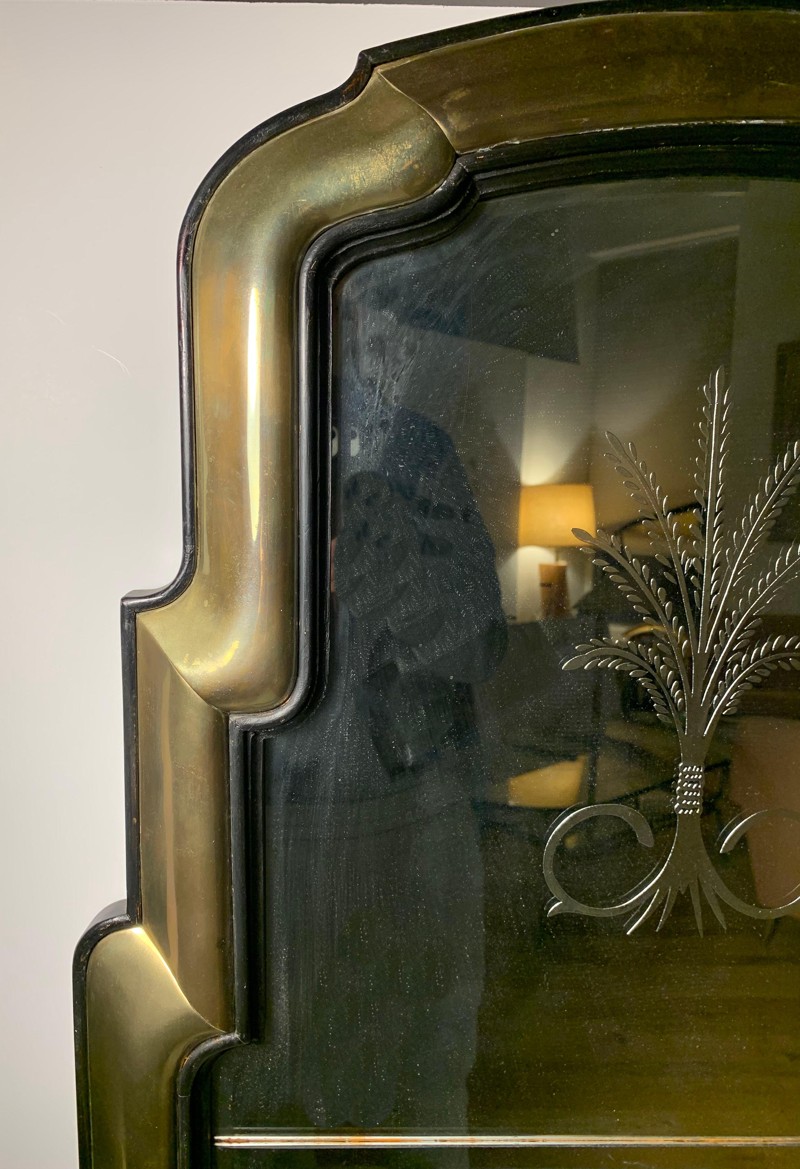 American Dramatic Brass and Wood Waterfall Mirror with Etched Plume Design For Sale