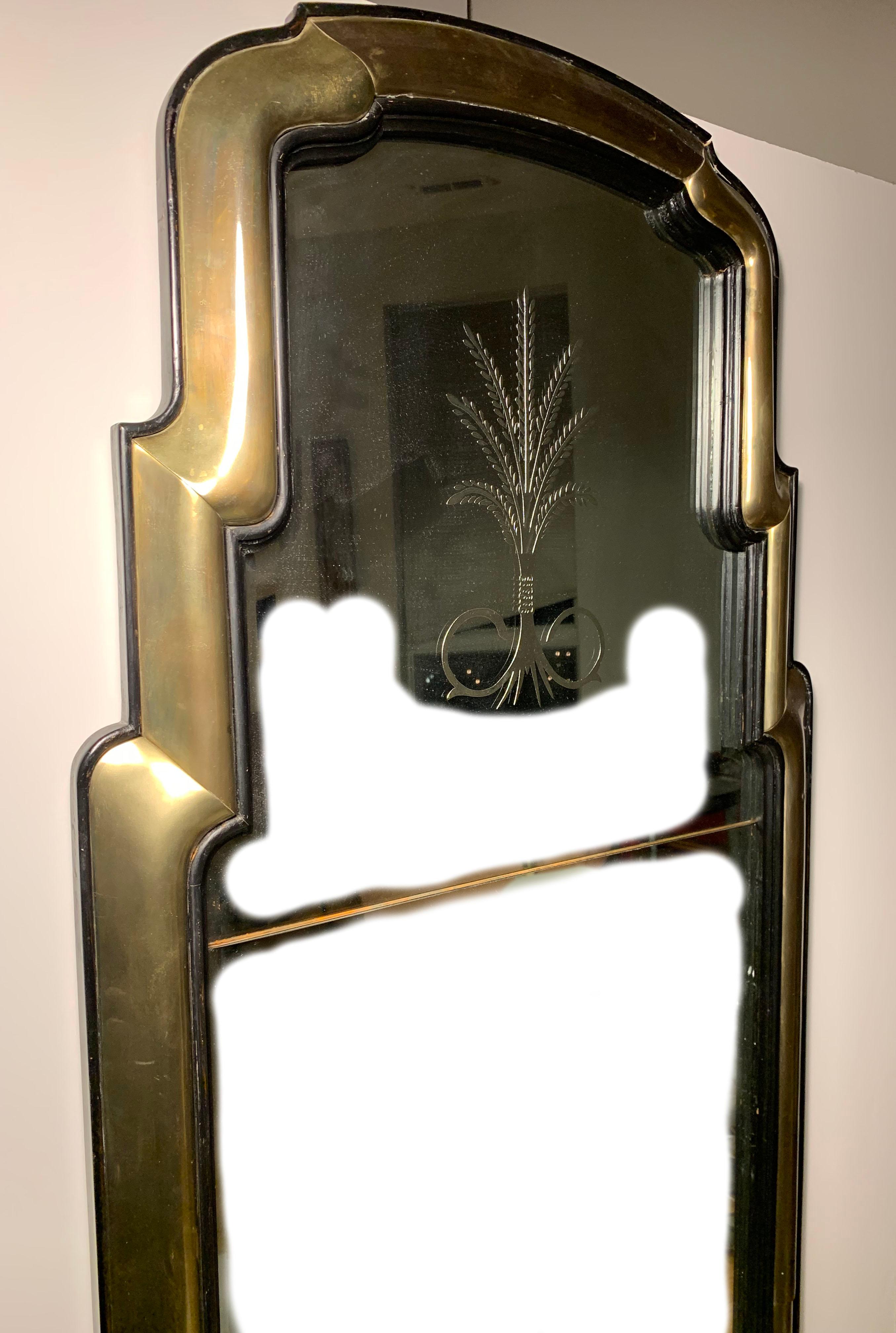 Dramatic Brass and Wood Waterfall Mirror with Etched Plume Design In Good Condition For Sale In Chicago, IL