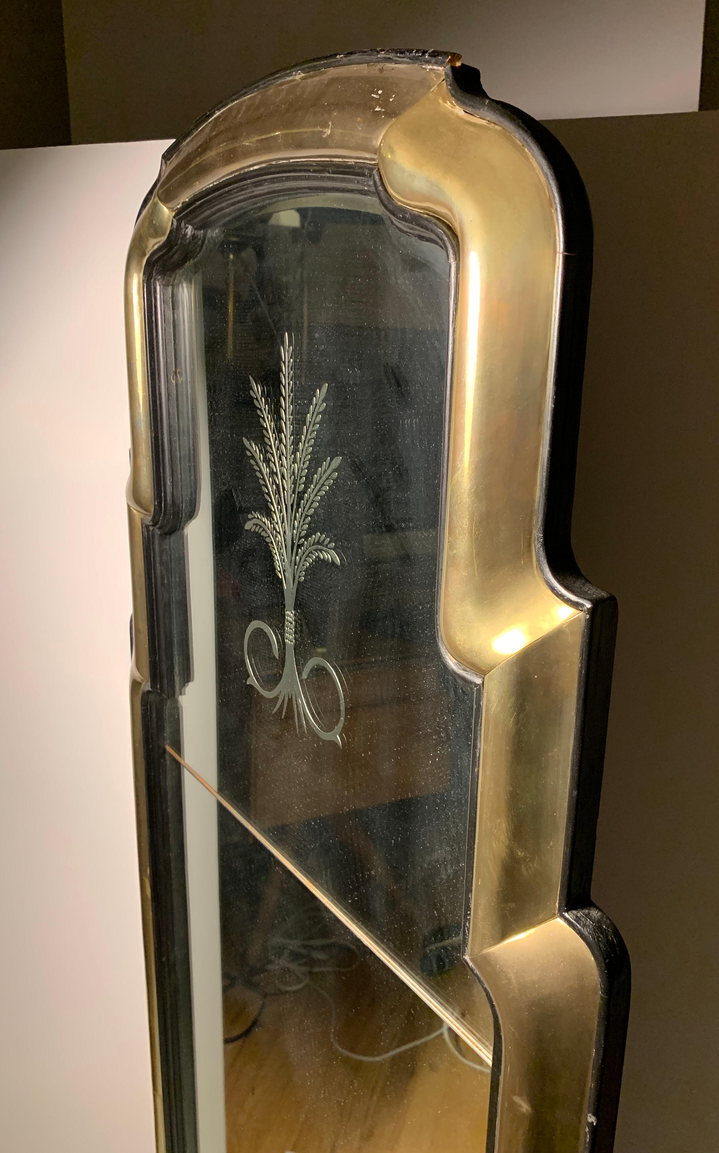 Dramatic Brass and Wood Waterfall Mirror with Etched Plume Design For Sale 1