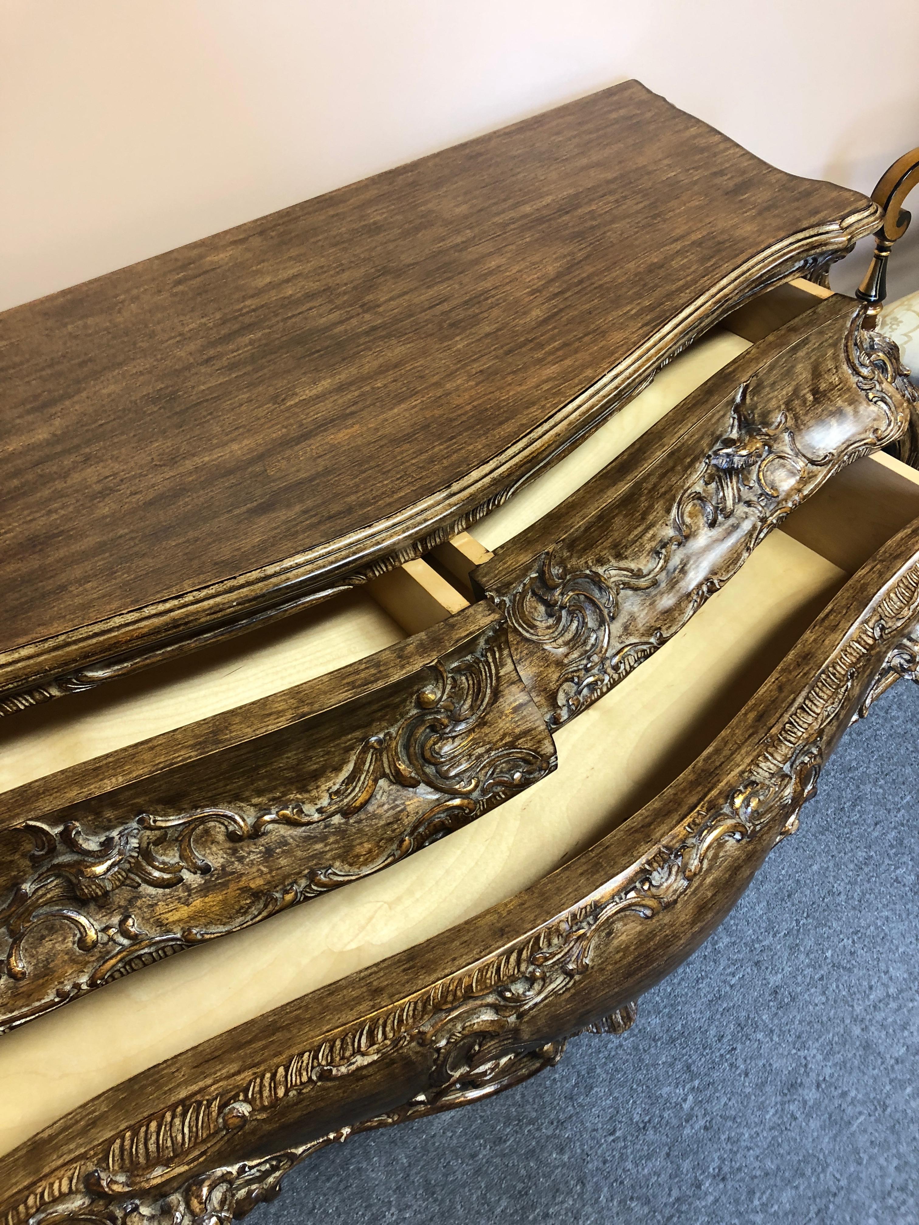 Rococo Dramatic Carved Giltwood Italian Bombay Chest Commode by Invincible For Sale