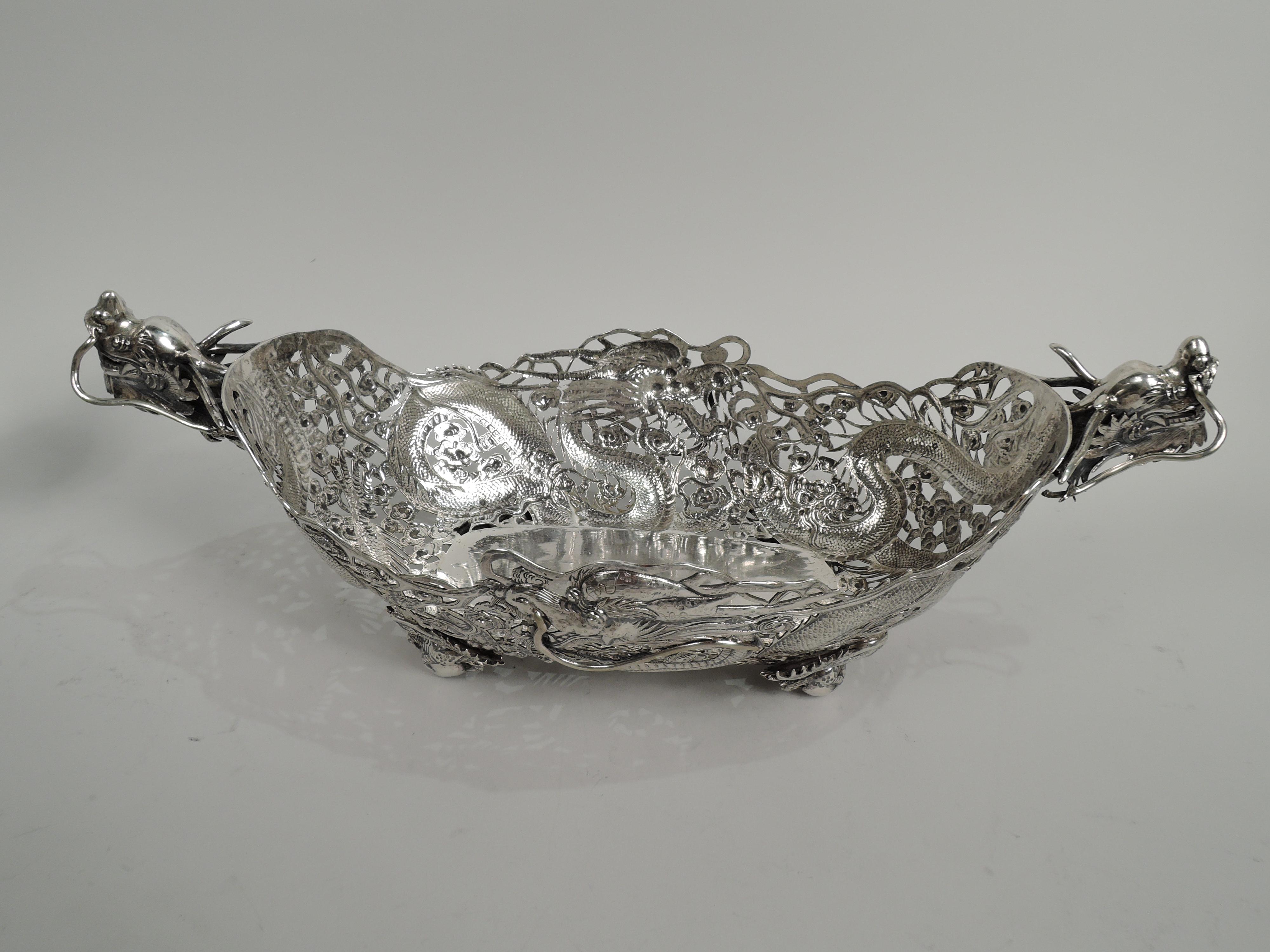 Dramatic Chinese Silver Dragon Centerpiece Bowl by Luen Wo In Good Condition For Sale In New York, NY