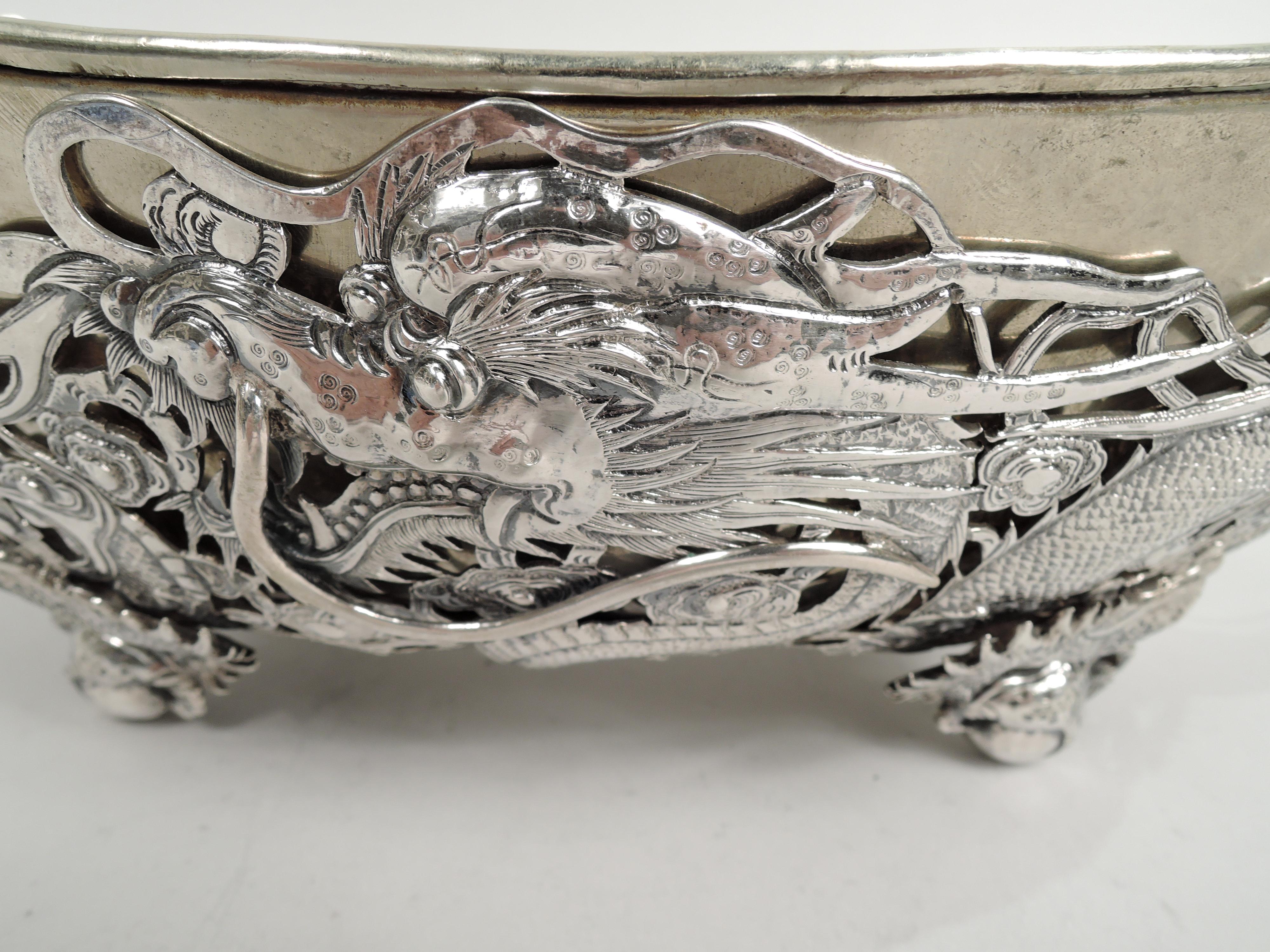 Dramatic Chinese Silver Dragon Centerpiece Bowl by Luen Wo 1