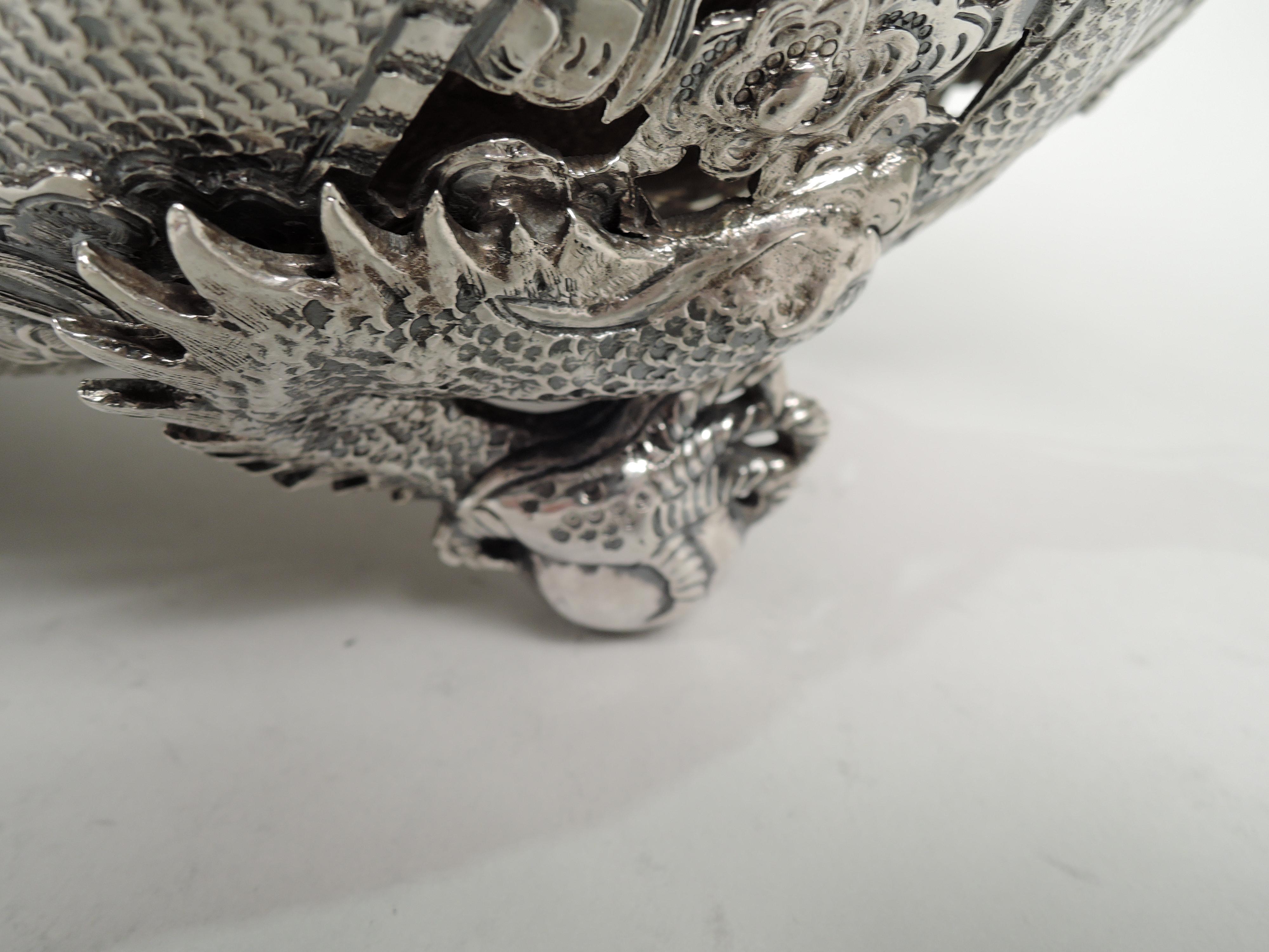 Dramatic Chinese Silver Dragon Centerpiece Bowl by Luen Wo 2