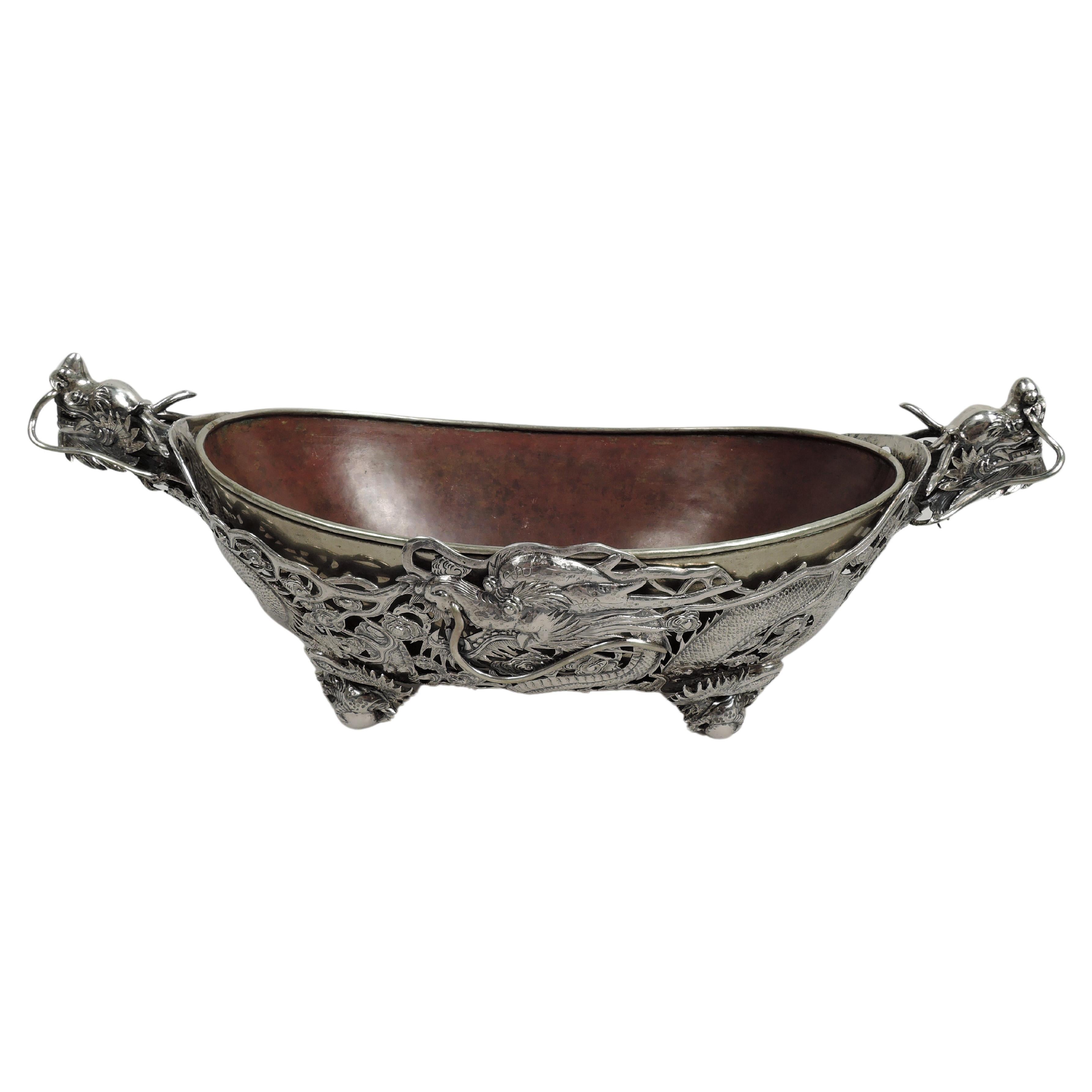 Dramatic Chinese Silver Dragon Centerpiece Bowl by Luen Wo For Sale