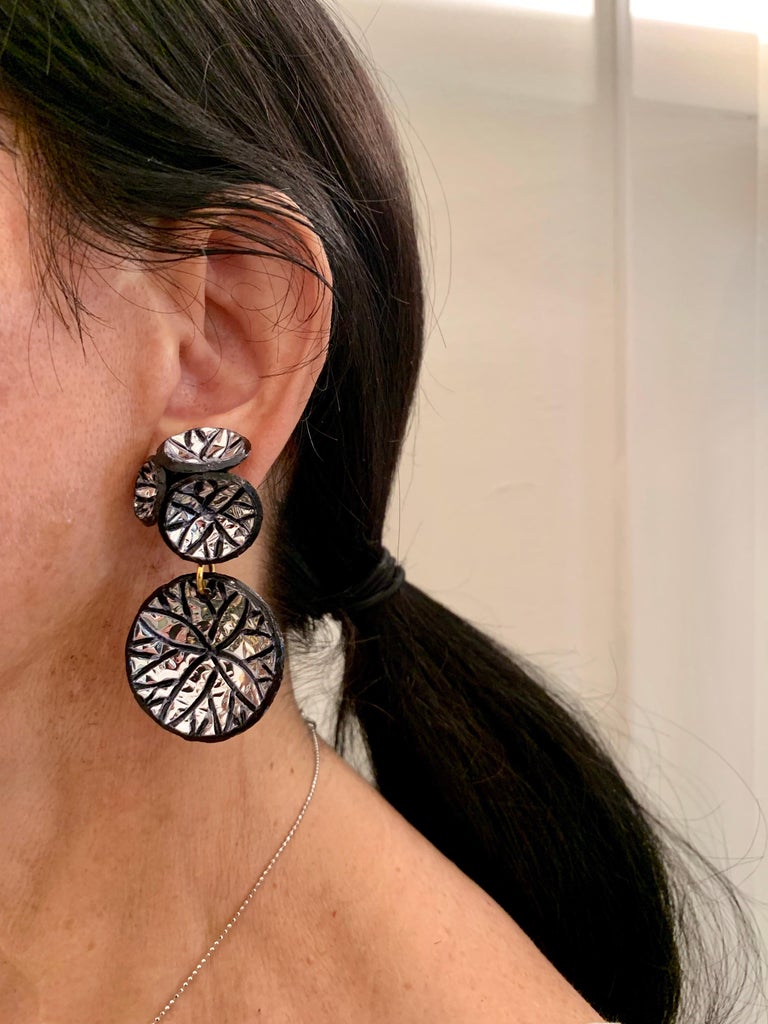 Dramatic Contemporary Black Metallic Silver Disk Statement Earrings at