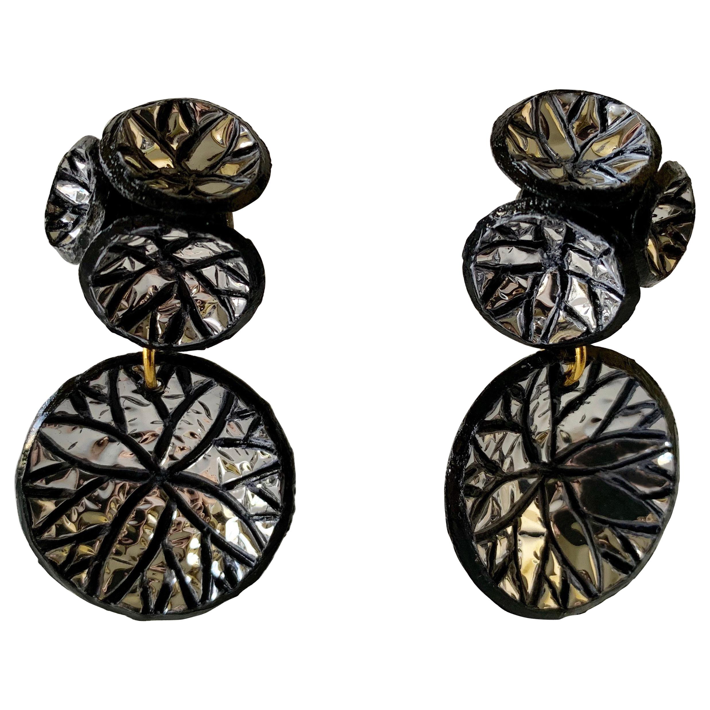 Dramatic Contemporary Black Metallic Silver Disk Statement Earrings 