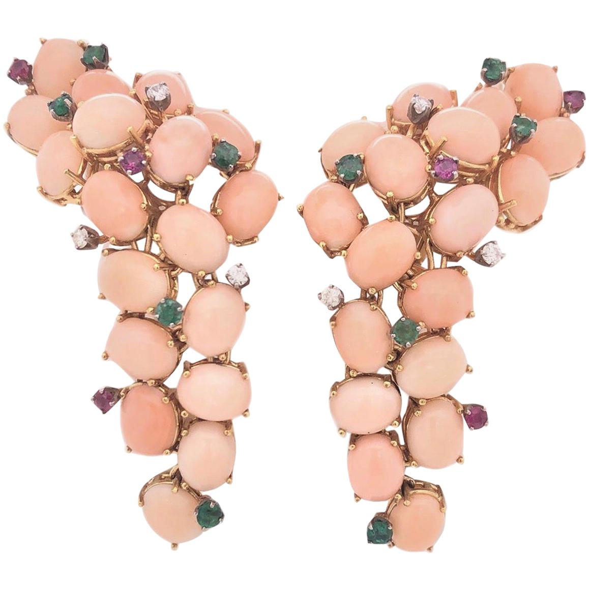 Dramatic Coral Ruby, Diamond and Emerald 1960s Dangle Earrings