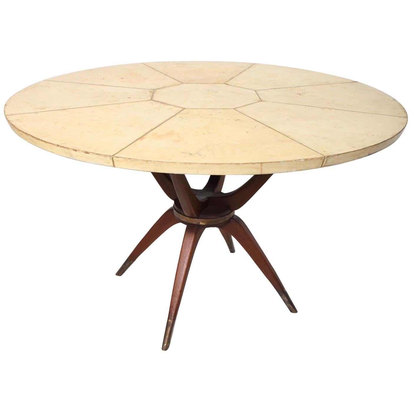 Splendid Round Dining Table in Goatskin Mahogany & Brass Mexican Modernism 1950s
