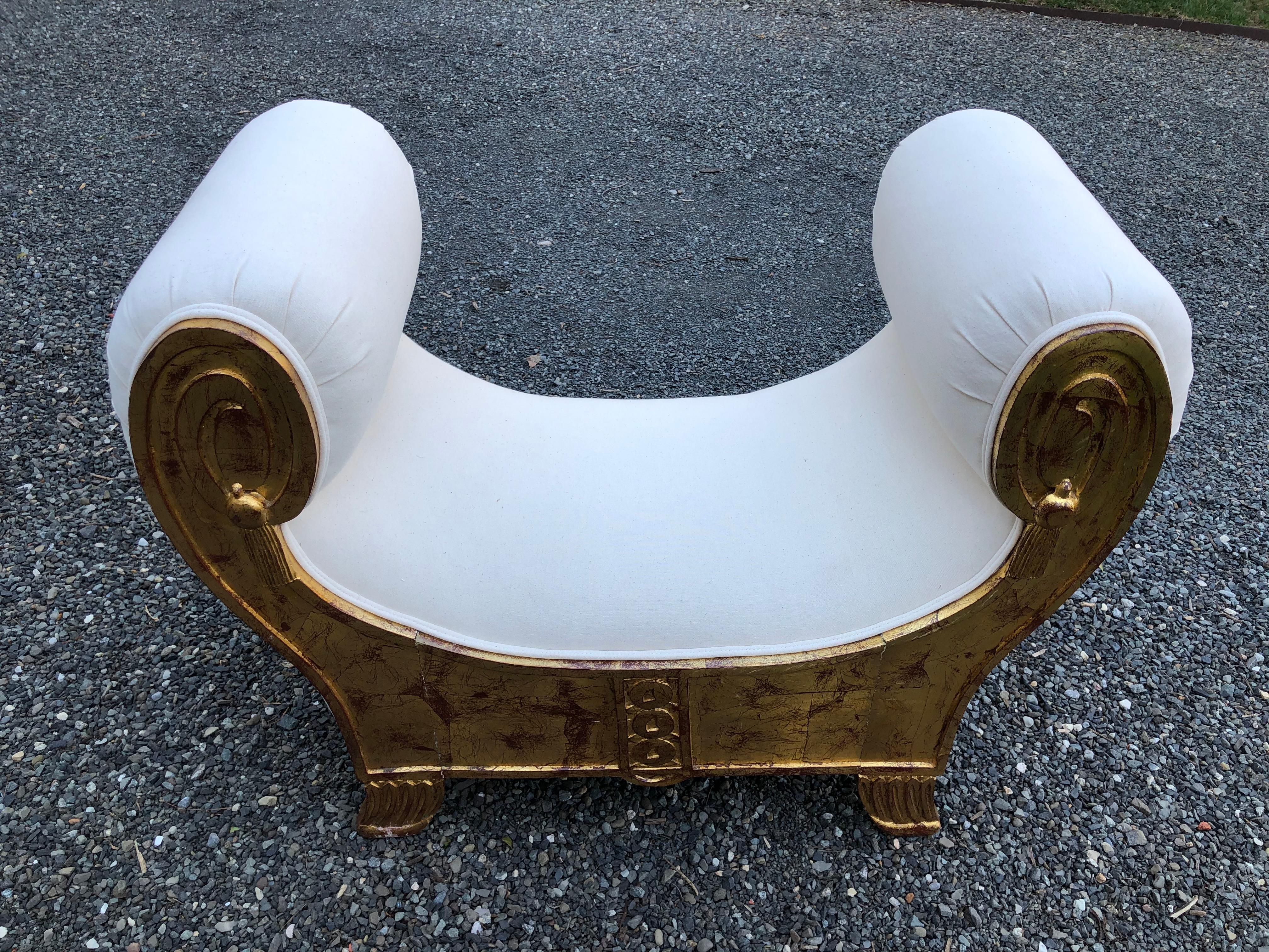 American Dramatic Egyptian Revival Giltwood Bench with New Upholstery