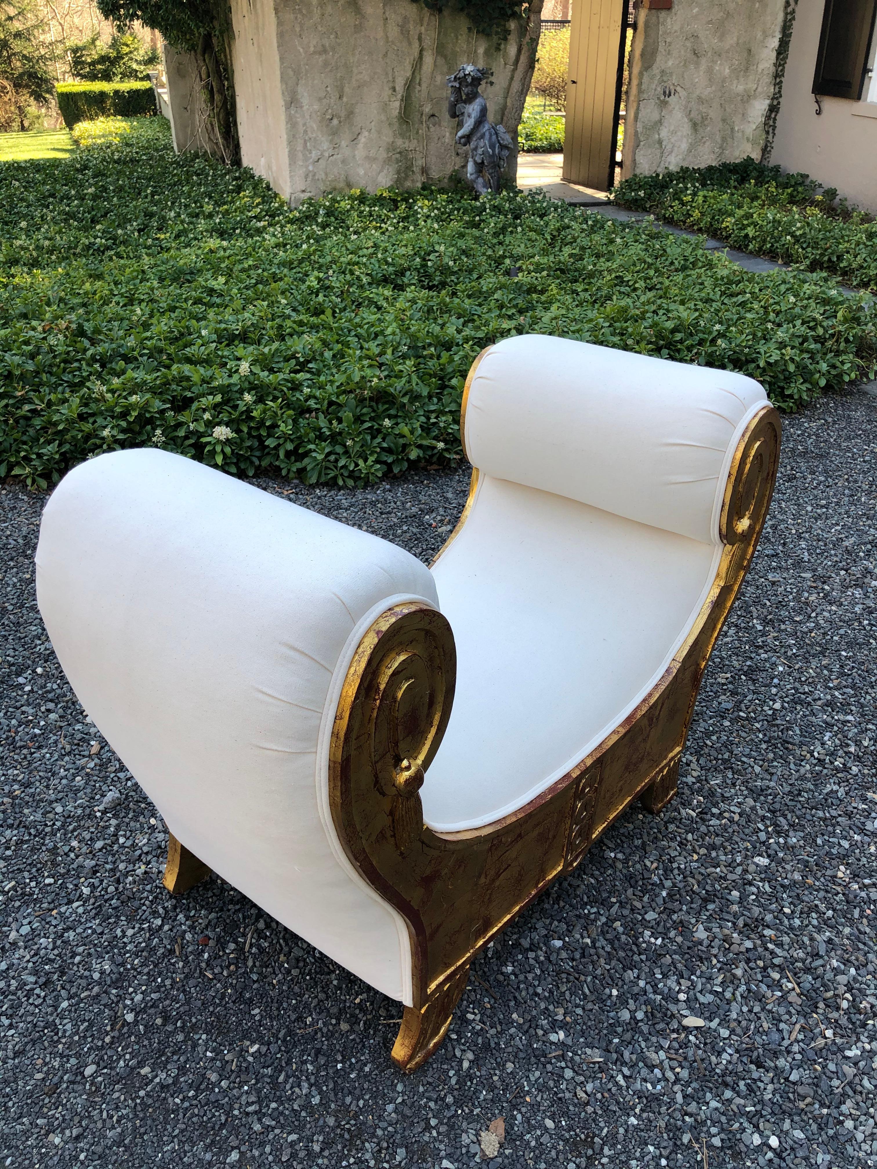 Dramatic Egyptian Revival Giltwood Bench with New Upholstery In Excellent Condition In Hopewell, NJ