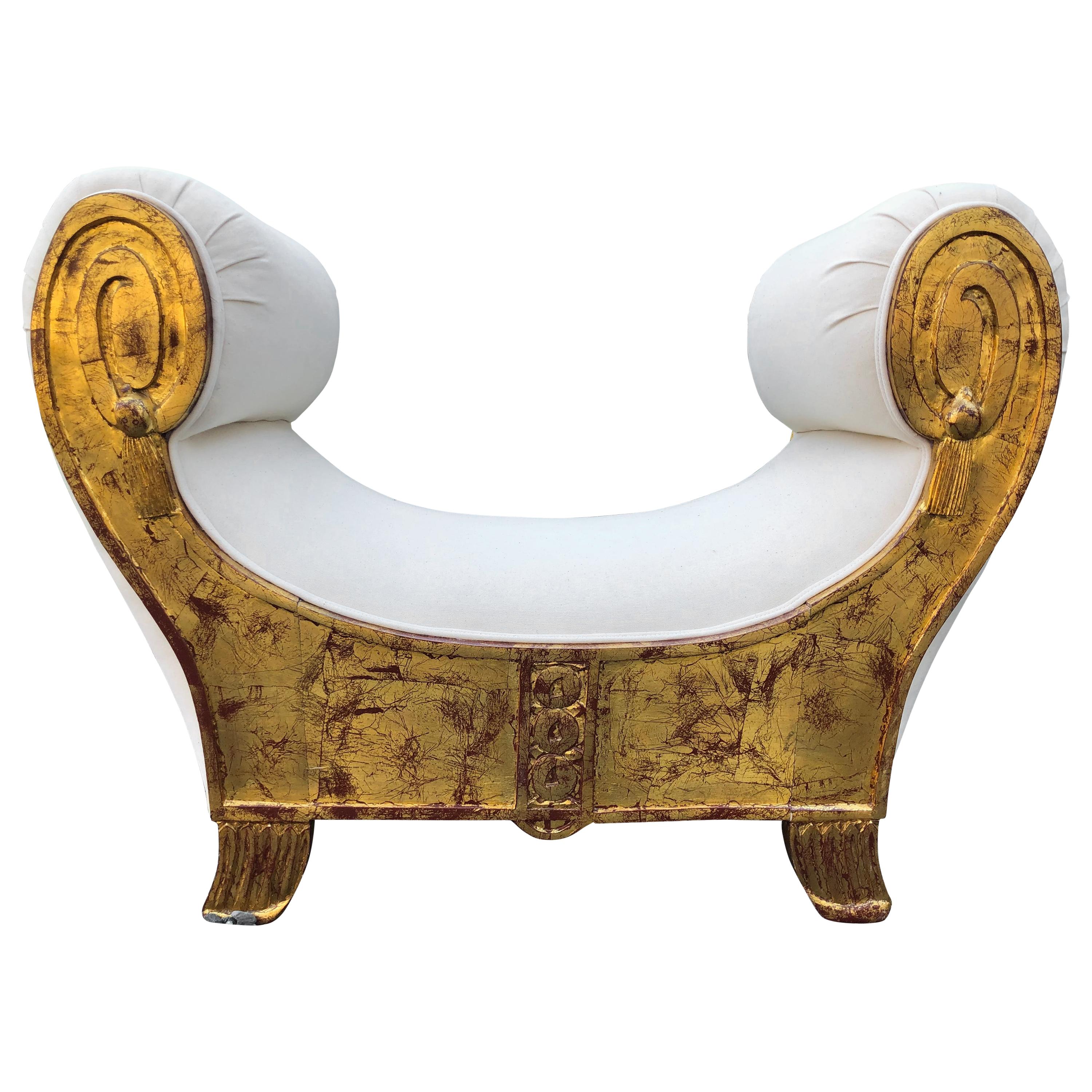 Dramatic Egyptian Revival Giltwood Bench with New Upholstery