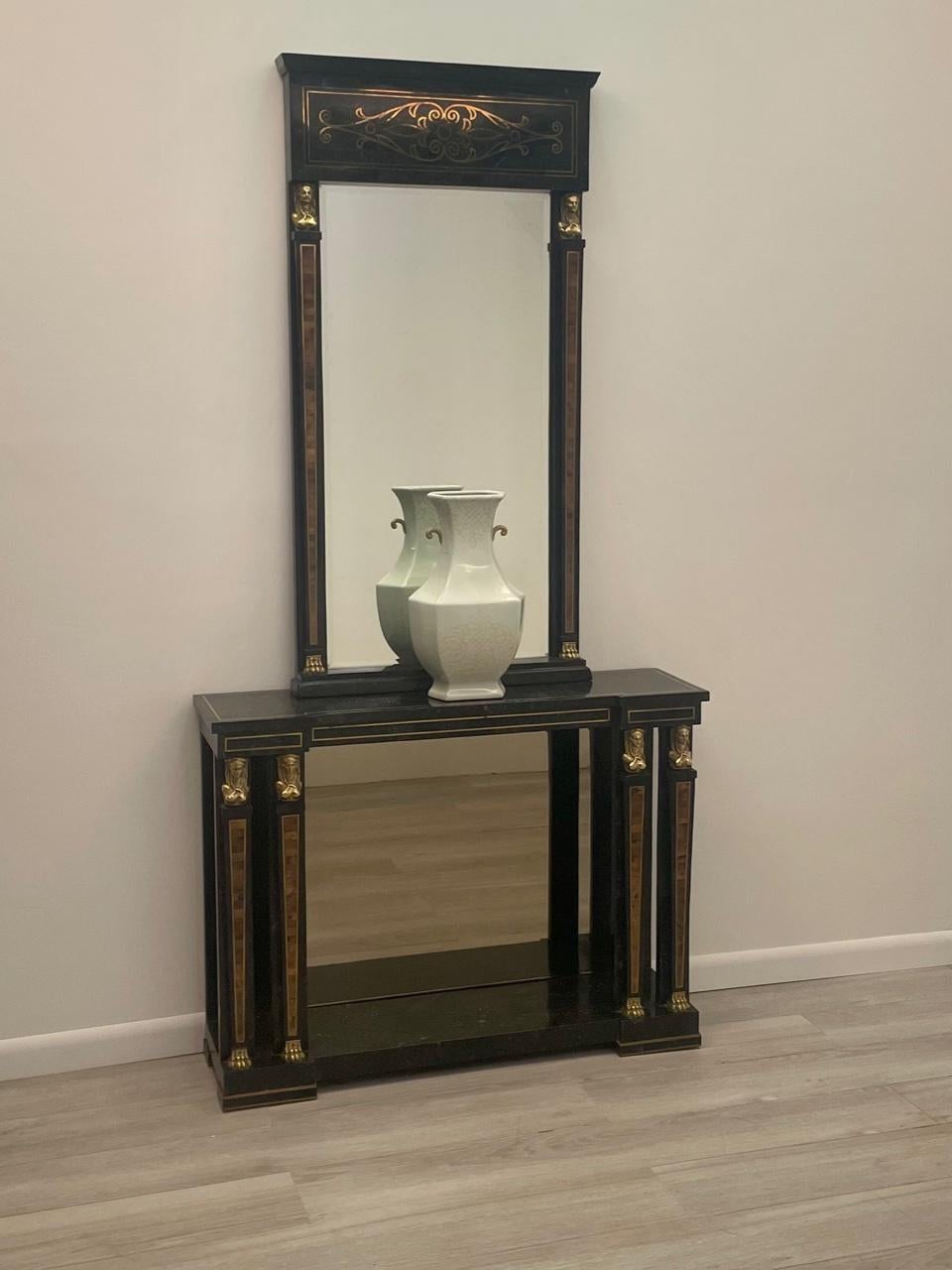 Philippine Dramatic Egyptian Revival Maitland Smith Console with Matching Mirror