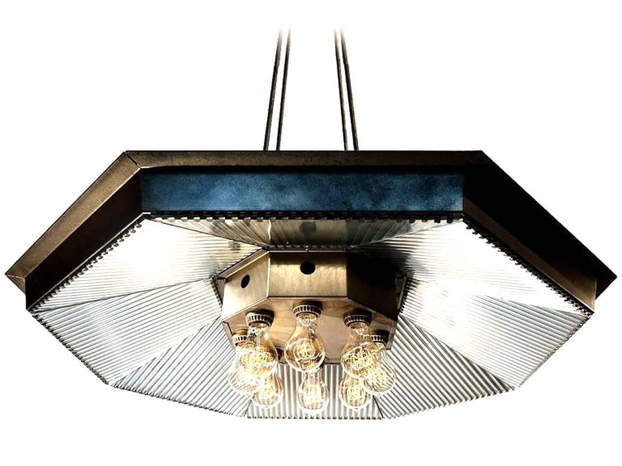 Industrial Dramatic Eight-Light Reflector Chandelier