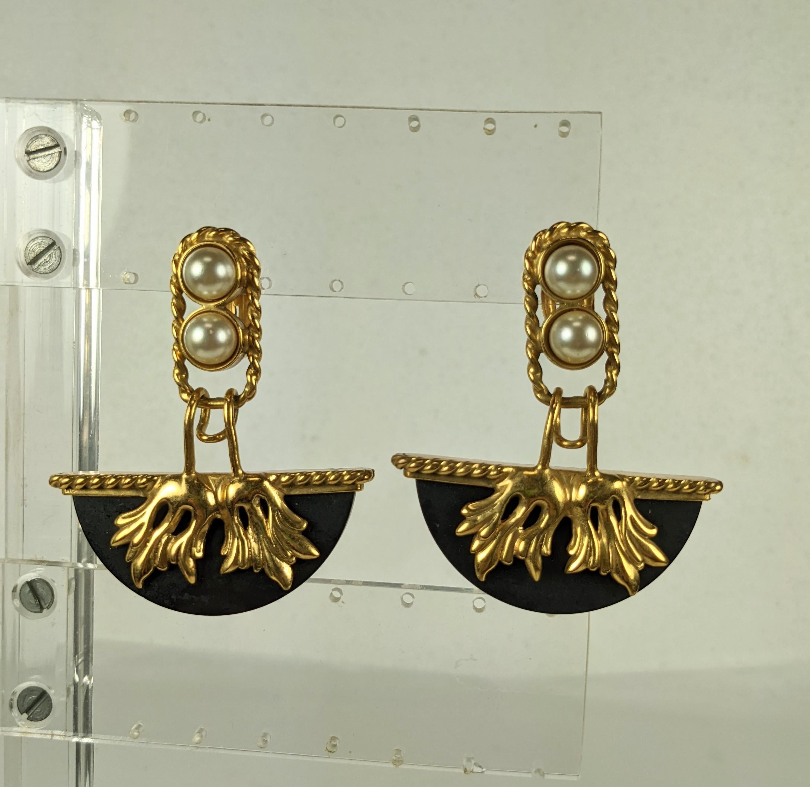 Dramatic French Gilt Metal and Bakelite Earrings in the style of Isabel Canovas or Dominique Aurientis from the 1980's. Large and impressive scale with faux pearls and baroque motifs. High quality of French manufacture in rich high carat gold
