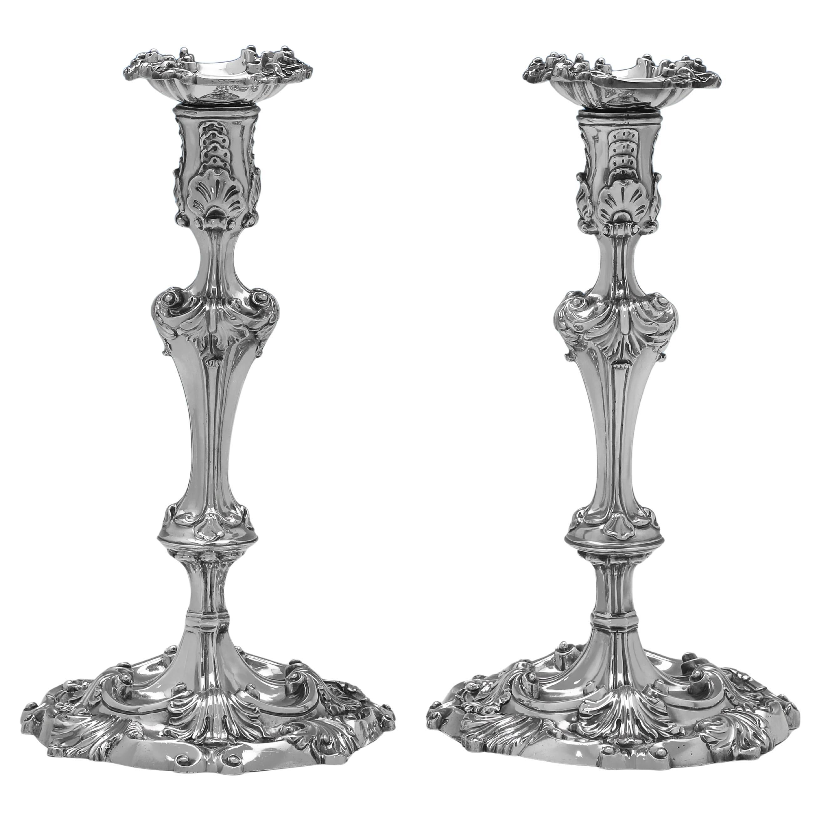 Dramatic George III Rococo Sterling Silver Candlesticks by William Fountain 1811 For Sale