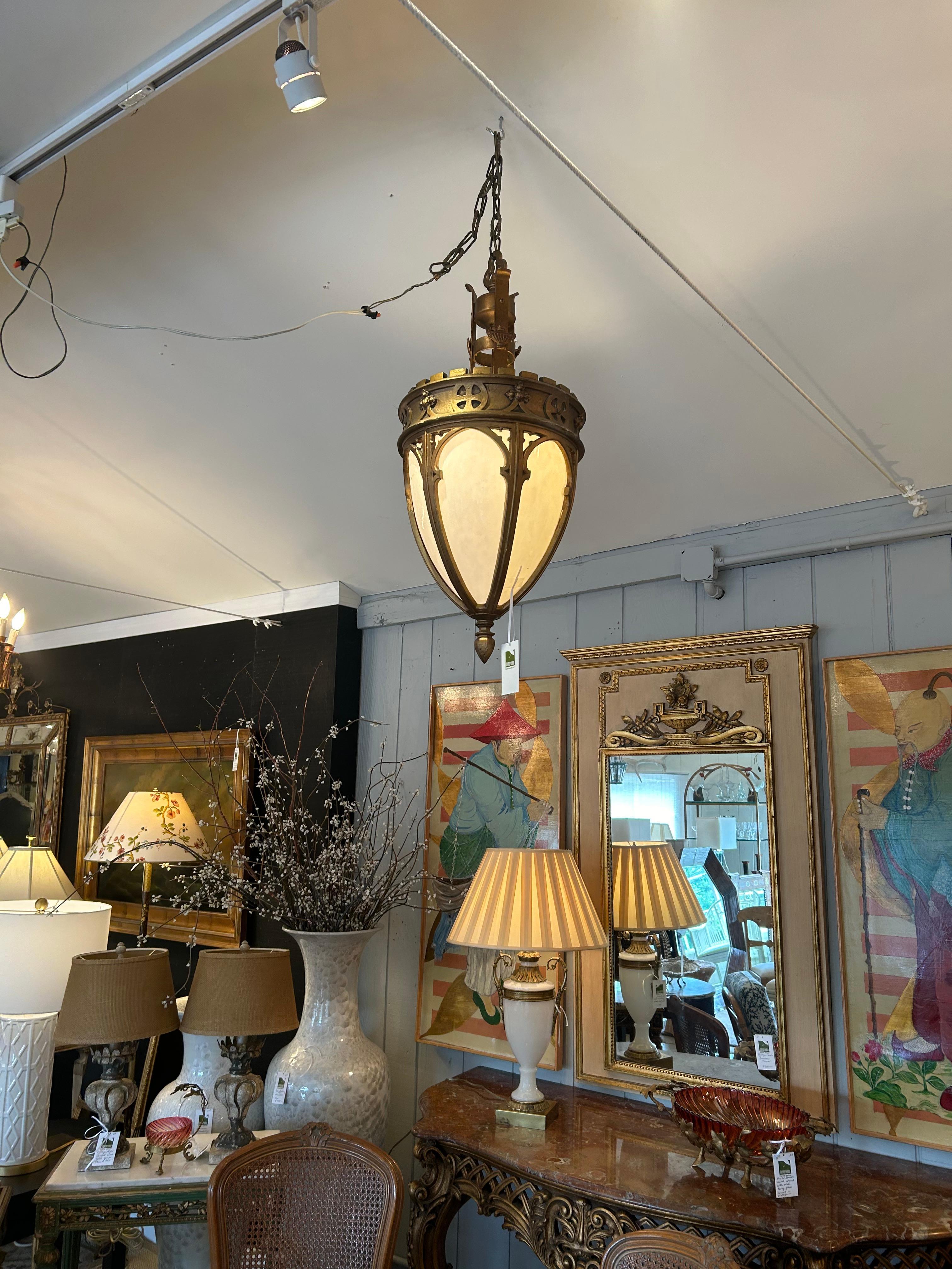 Italian Dramatic Gothic Style Gilded Wood & Milk Glass Chandelier Pendant