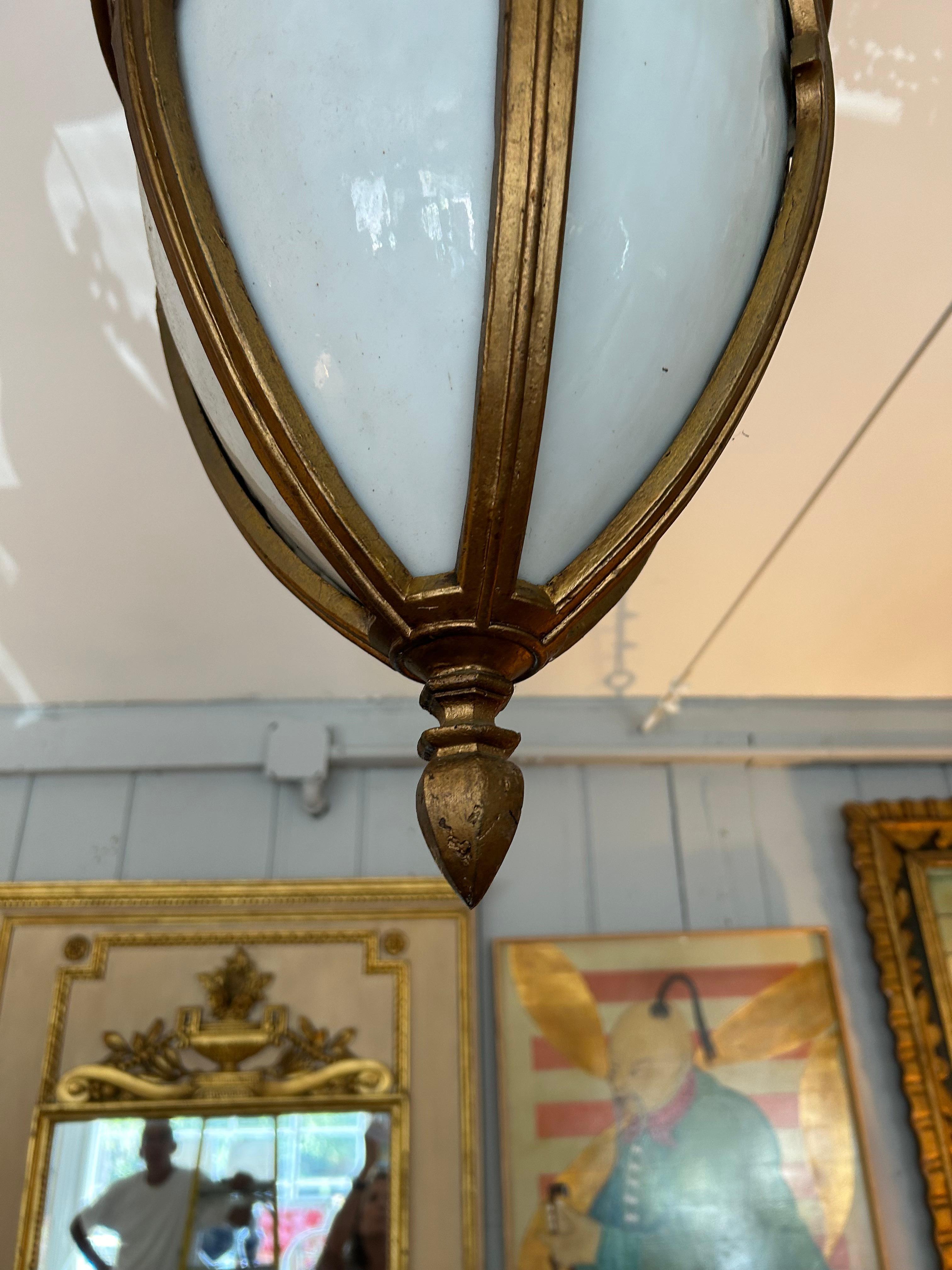 Dramatic Gothic Style Gilded Wood & Milk Glass Chandelier Pendant In Good Condition In Hopewell, NJ