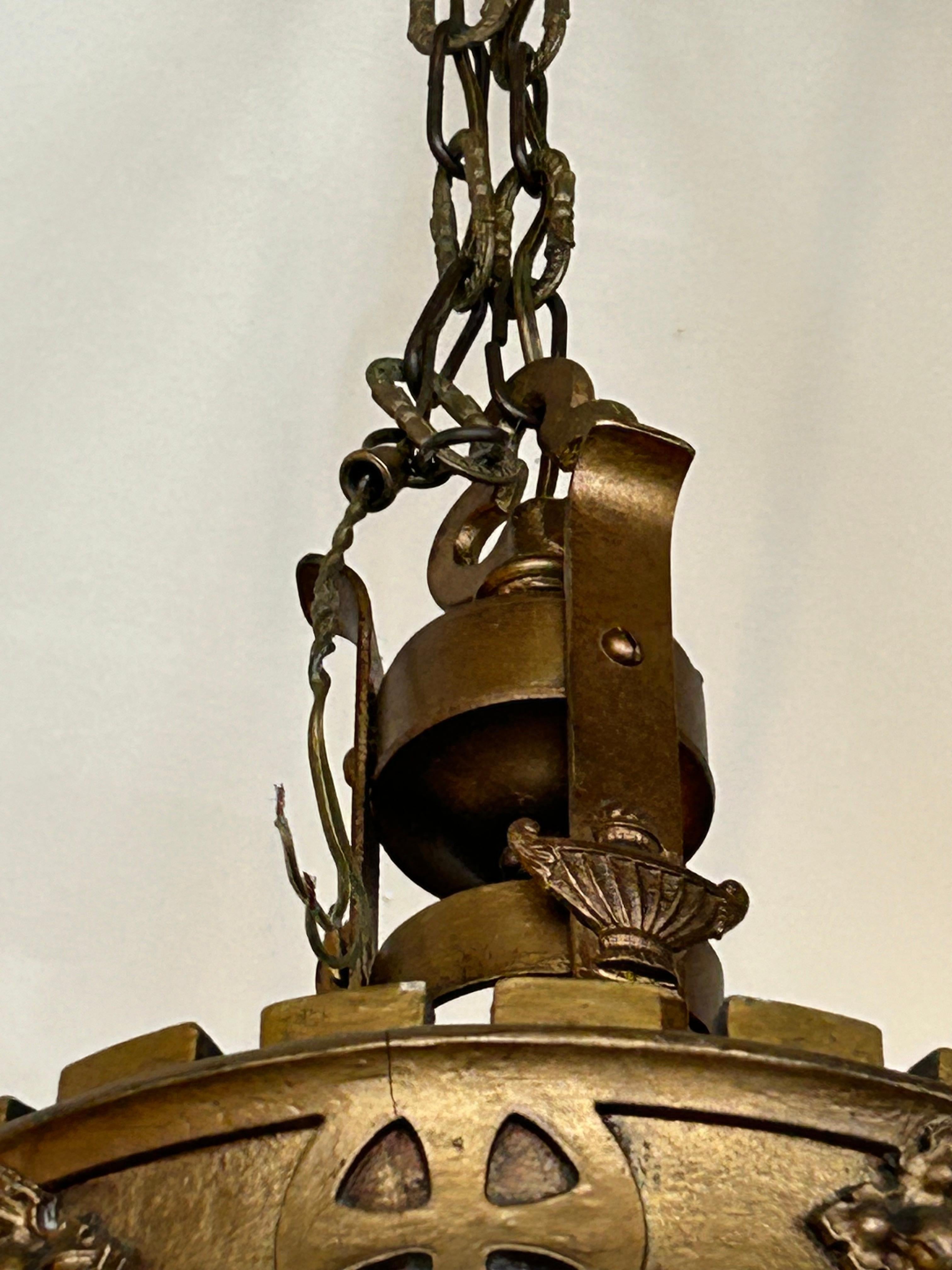 Mid-20th Century Dramatic Gothic Style Gilded Wood & Milk Glass Chandelier Pendant