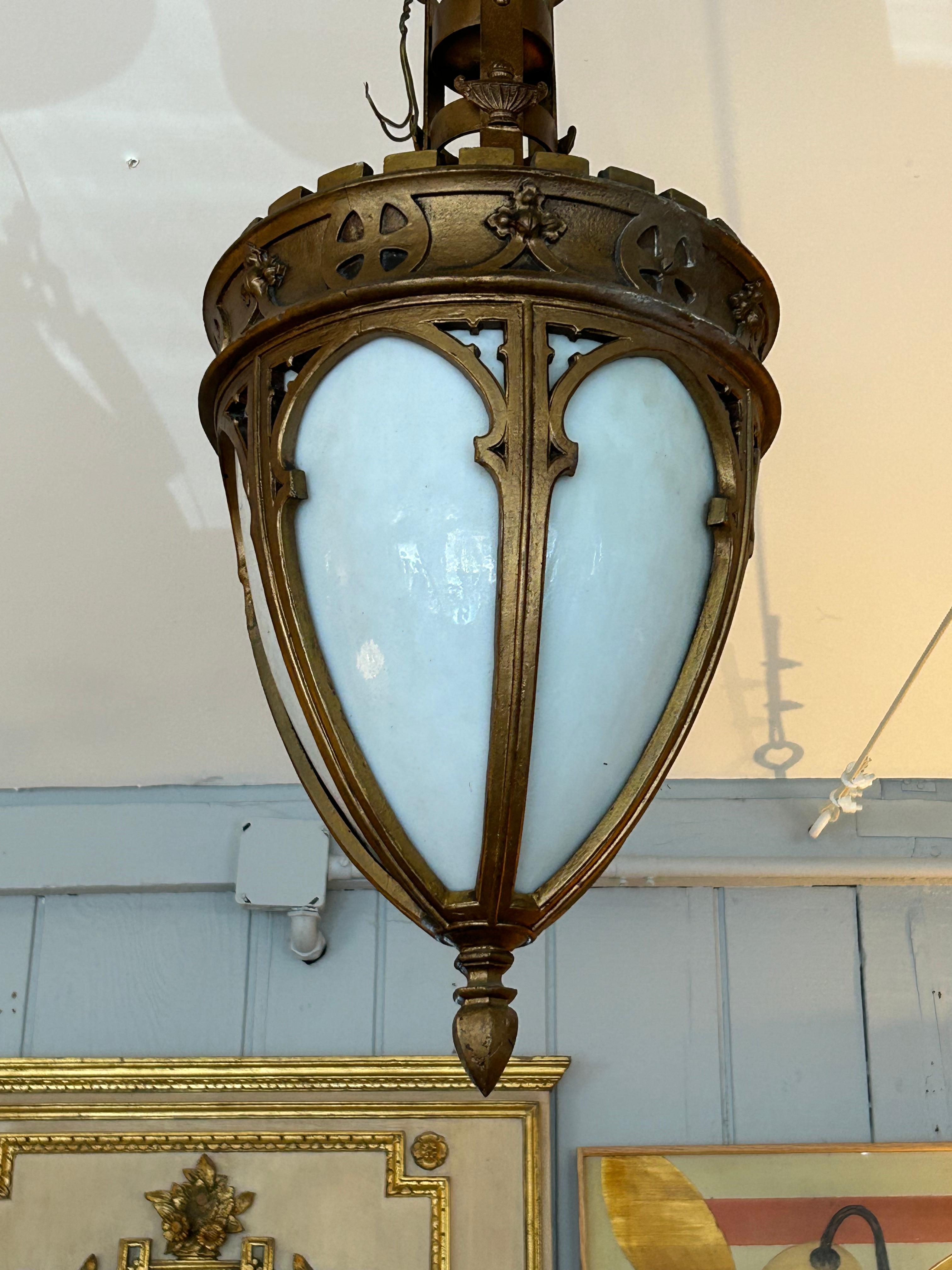 Dramatic Gothic Style Gilded Wood & Milk Glass Chandelier Pendant 2