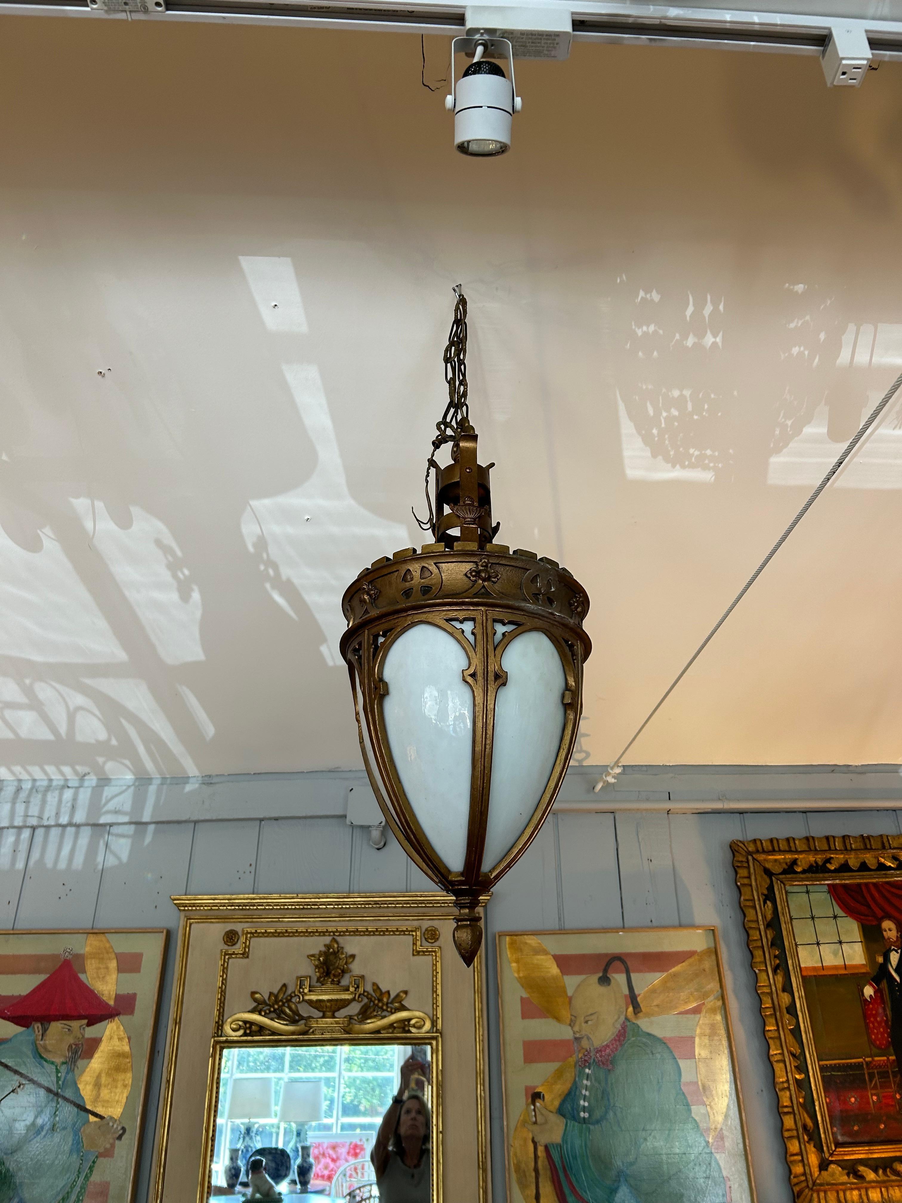 Dramatic Gothic Style Gilded Wood & Milk Glass Chandelier Pendant 3