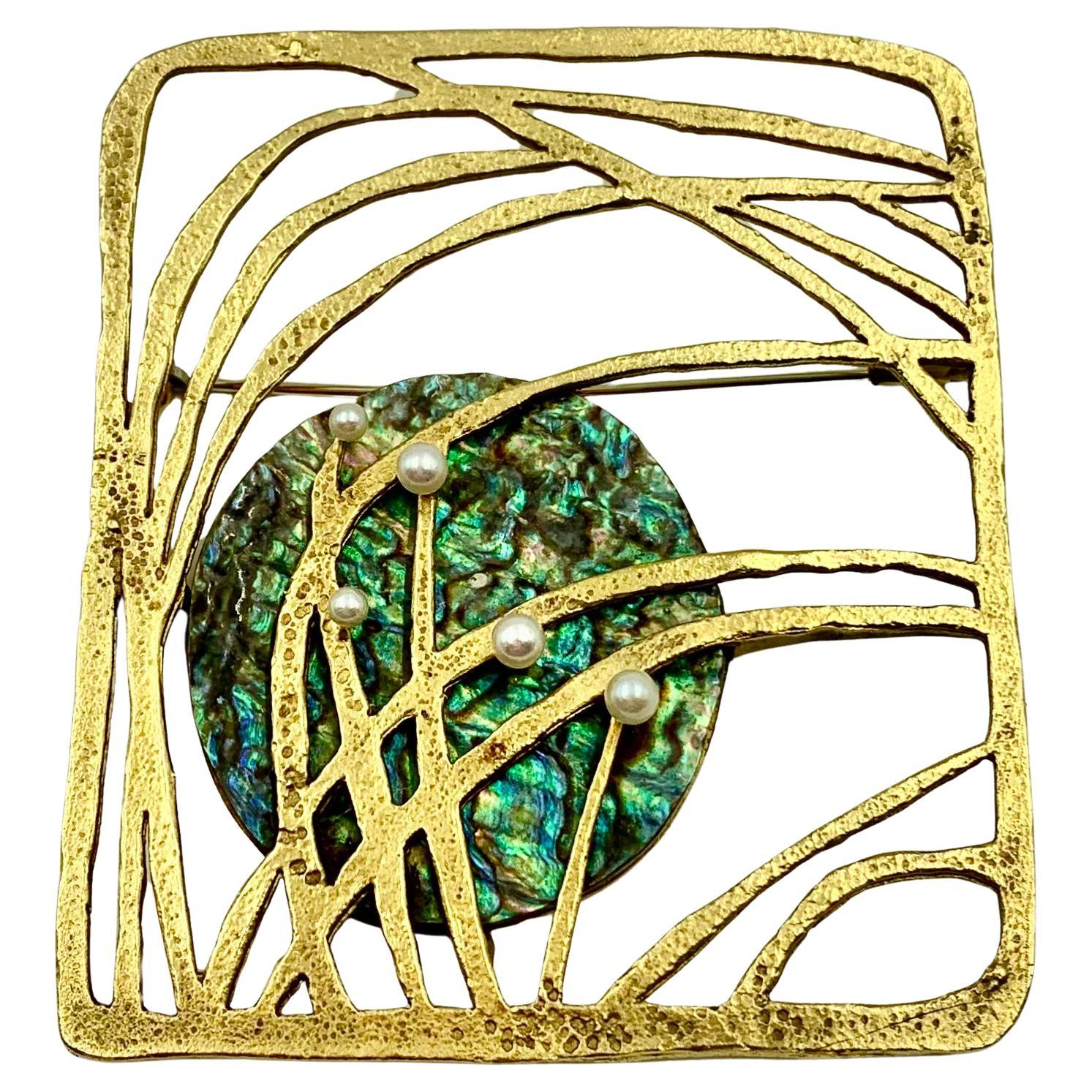 Dramatic Gubelin 1960's Gilbert Albert 18K Yellow Gold Abalone, Pearl Brooch