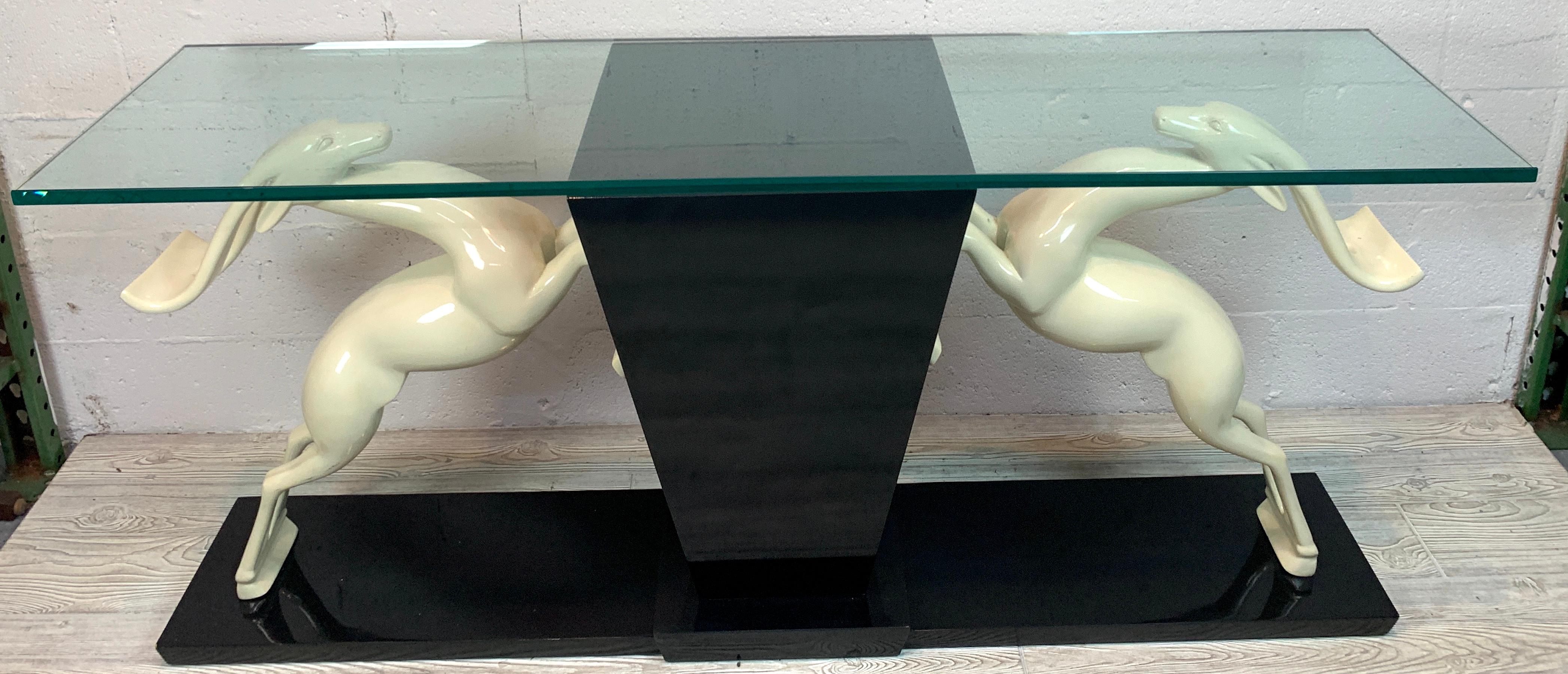 Dramatic Italian 1980s Deer Motif Lacquer and Glass Console Table In Good Condition In West Palm Beach, FL