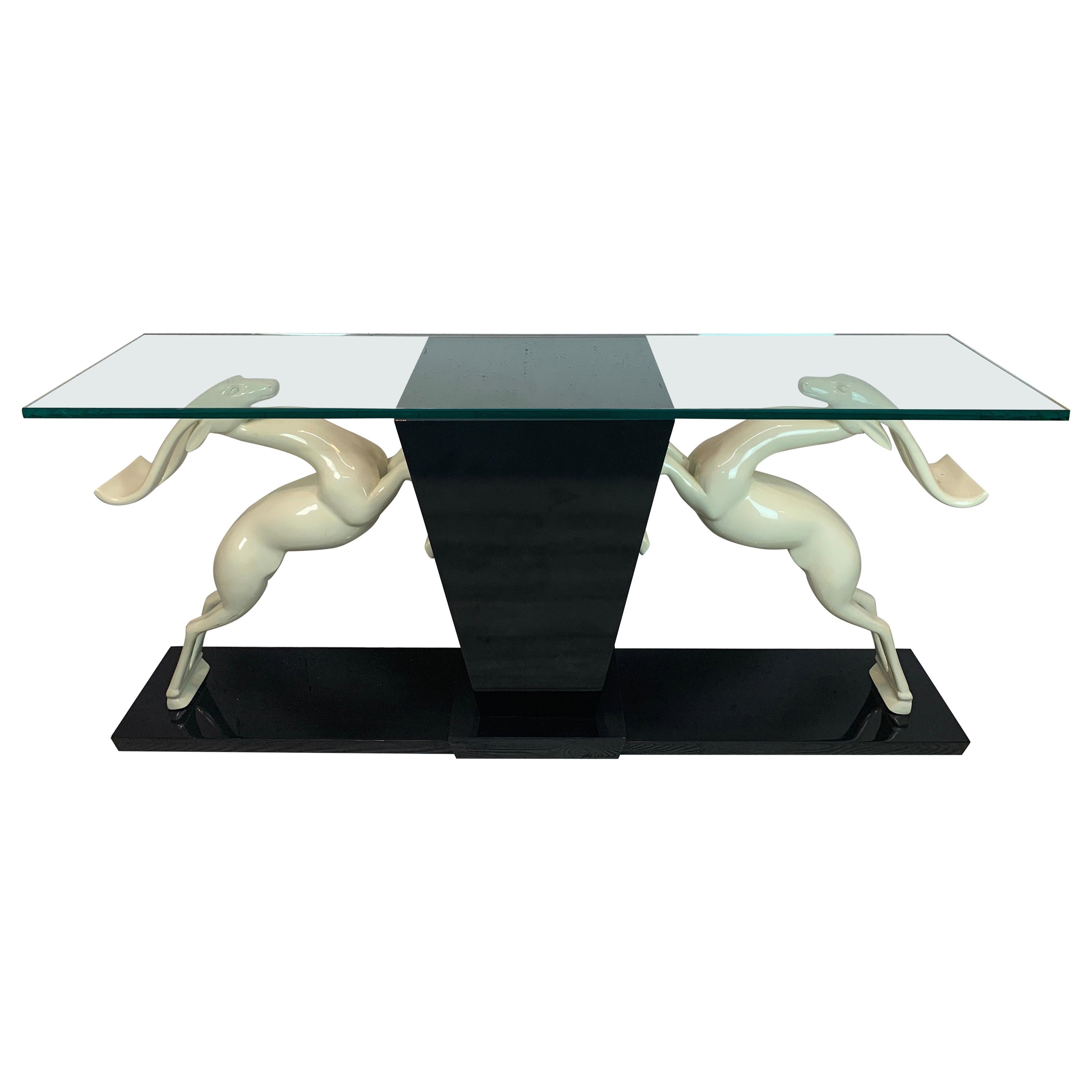 Dramatic Italian 1980s Deer Motif Lacquer and Glass Console Table